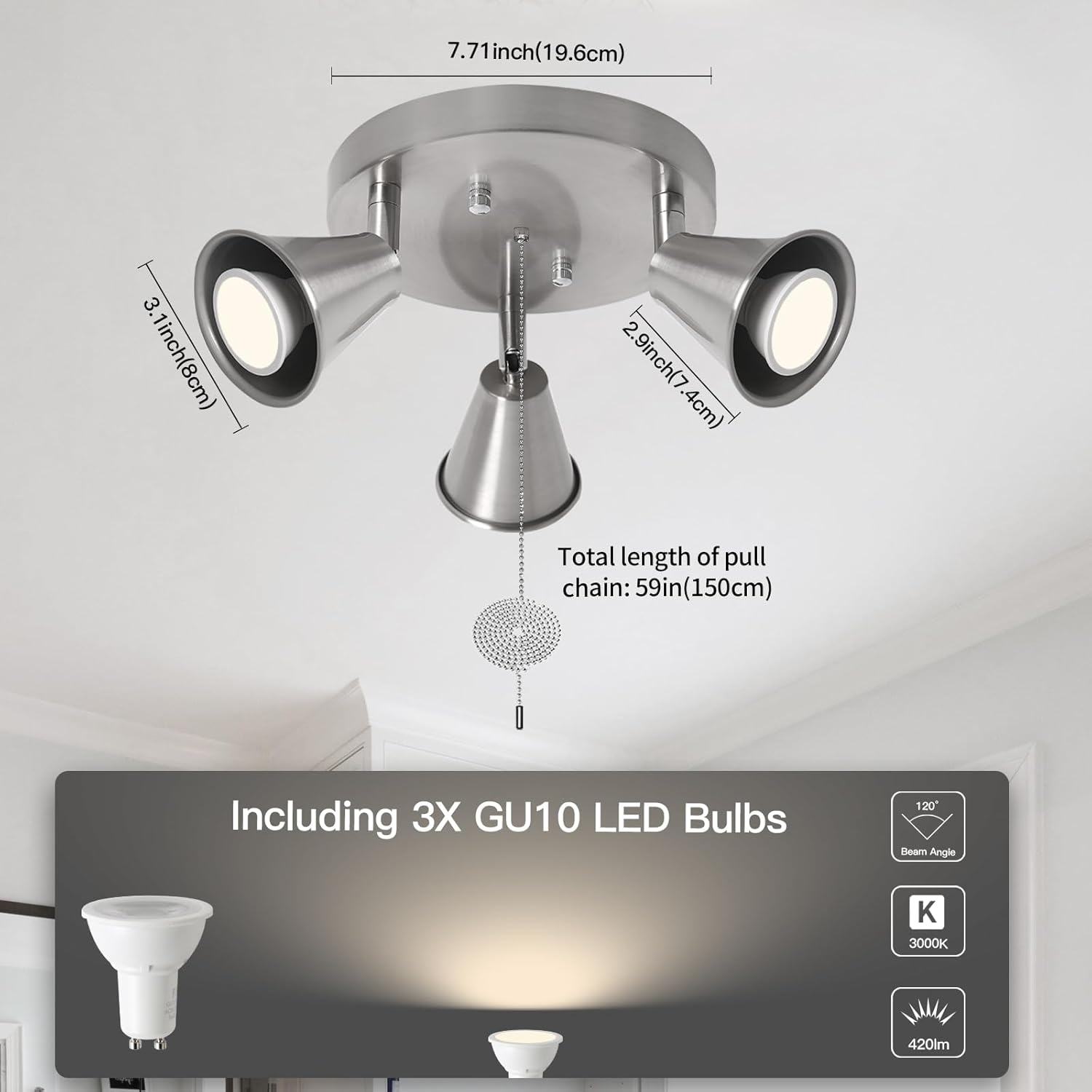 SEEBLEN 3-Light Track Ceiling Light with Pull Chain OnOff