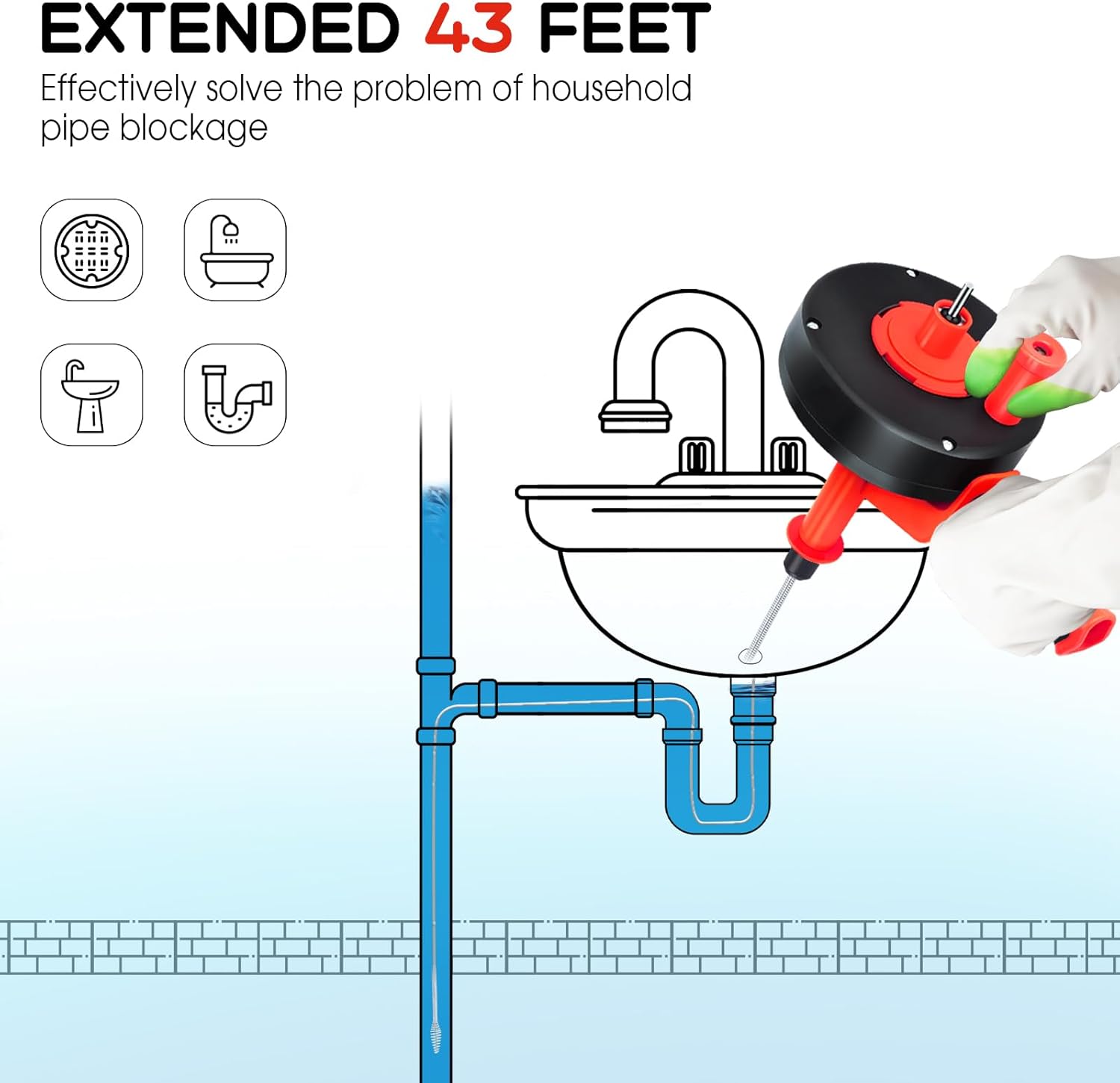 Annisport 43ft Drain Snake with Drill Attachment - Red 1