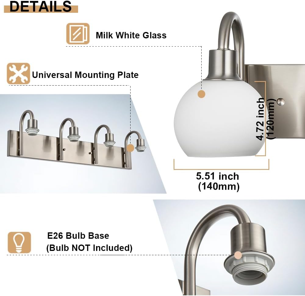 WINSHEN 204 Inch 3-Light Vanity Lamp Brushed Nickel with Milk White Glass