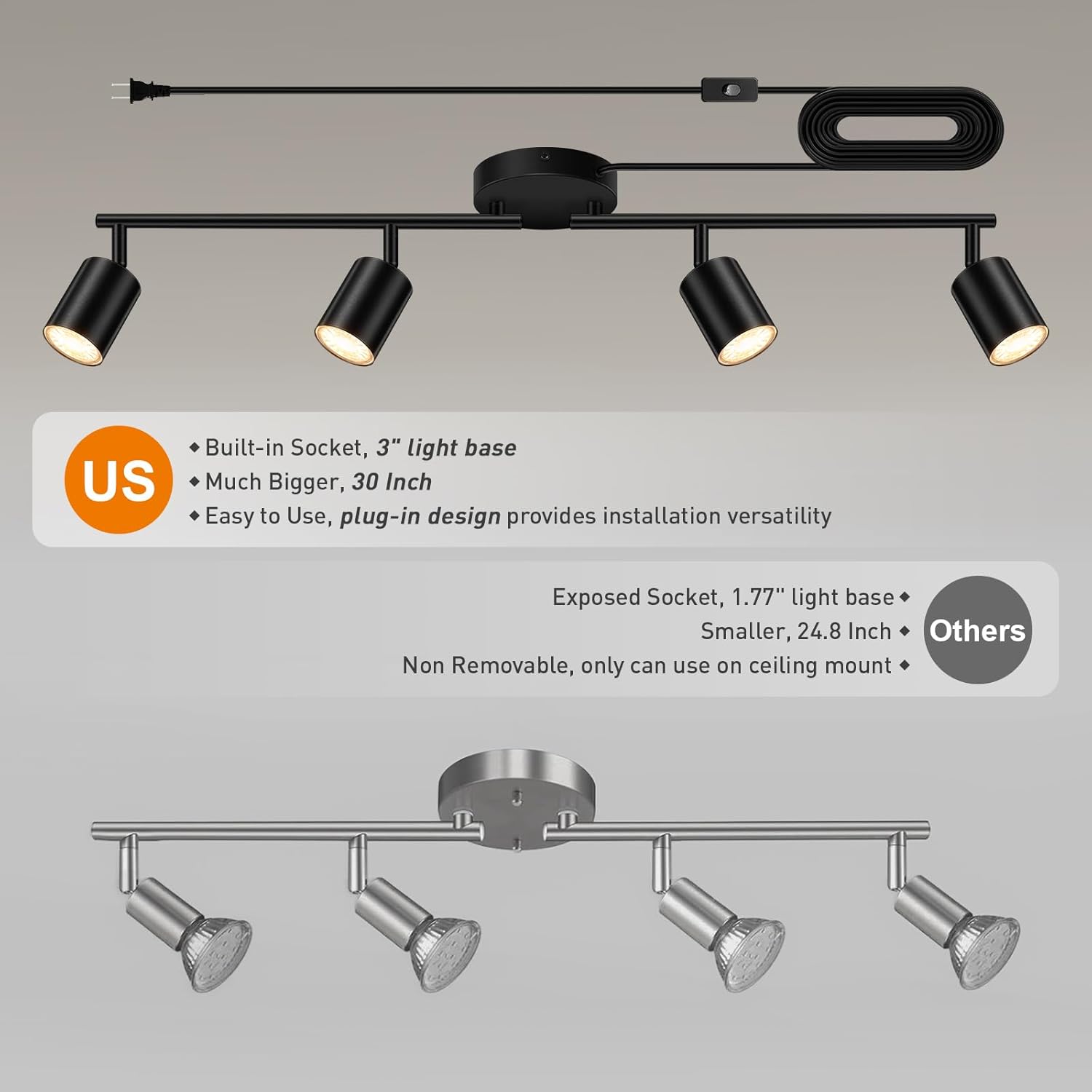 Bricosmocon 4-Light Track Lighting Kit Black Plug In Ceiling Wall Use