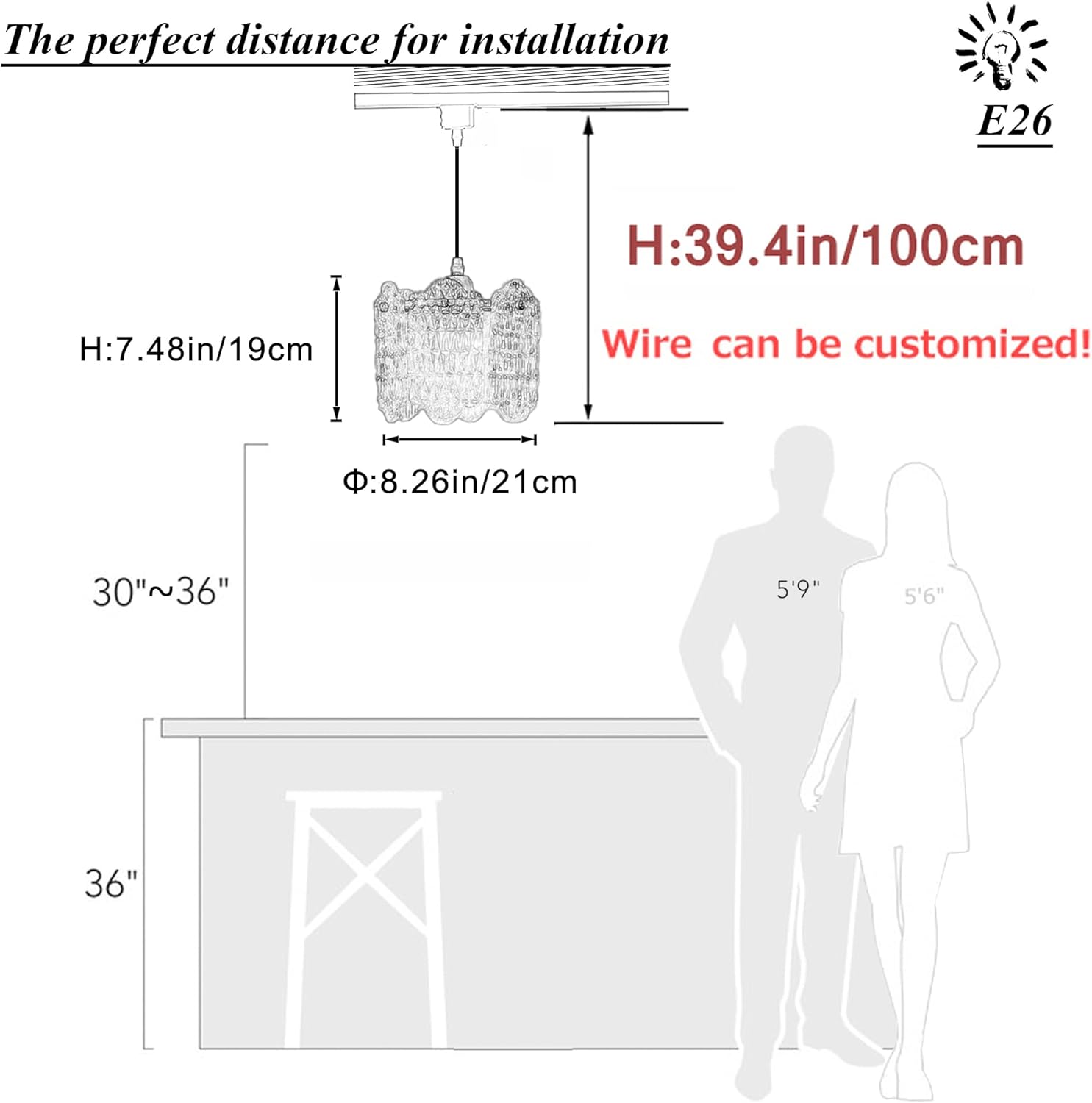 SKIVTGLAMP Dimmable Metal Handle Pendant Light 32 Ft