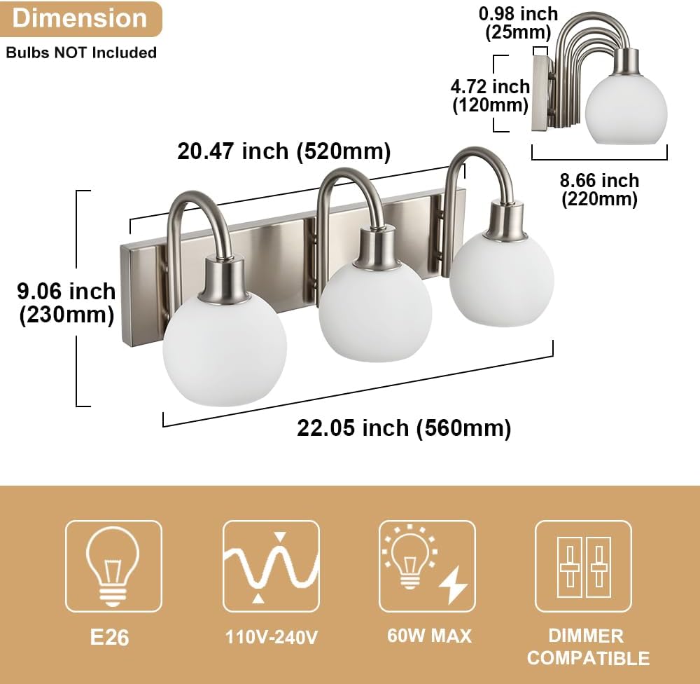 WINSHEN 204 Inch 3-Light Vanity Lamp Brushed Nickel with Milk White Glass