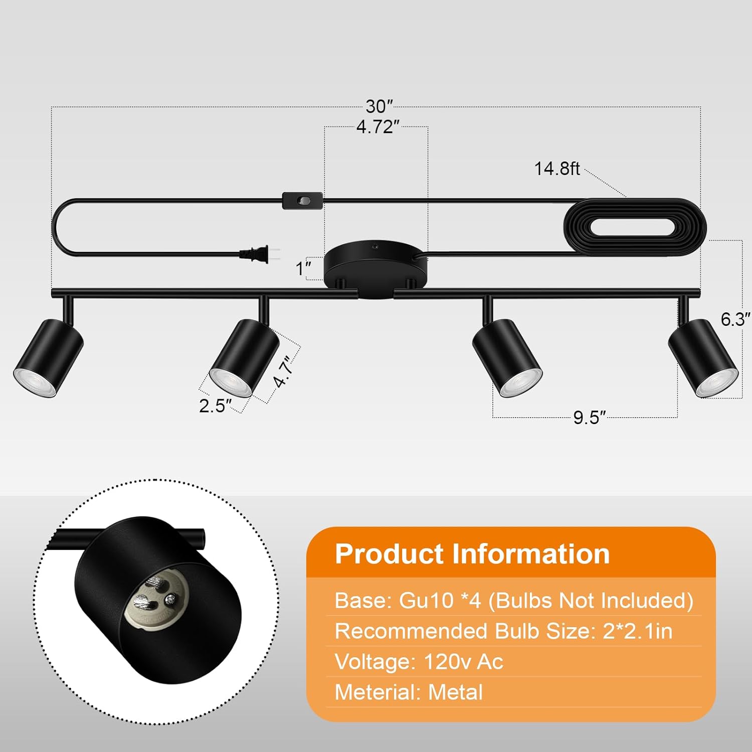 Bricosmocon 4-Light Track Lighting Kit Black Plug In Ceiling Wall Use
