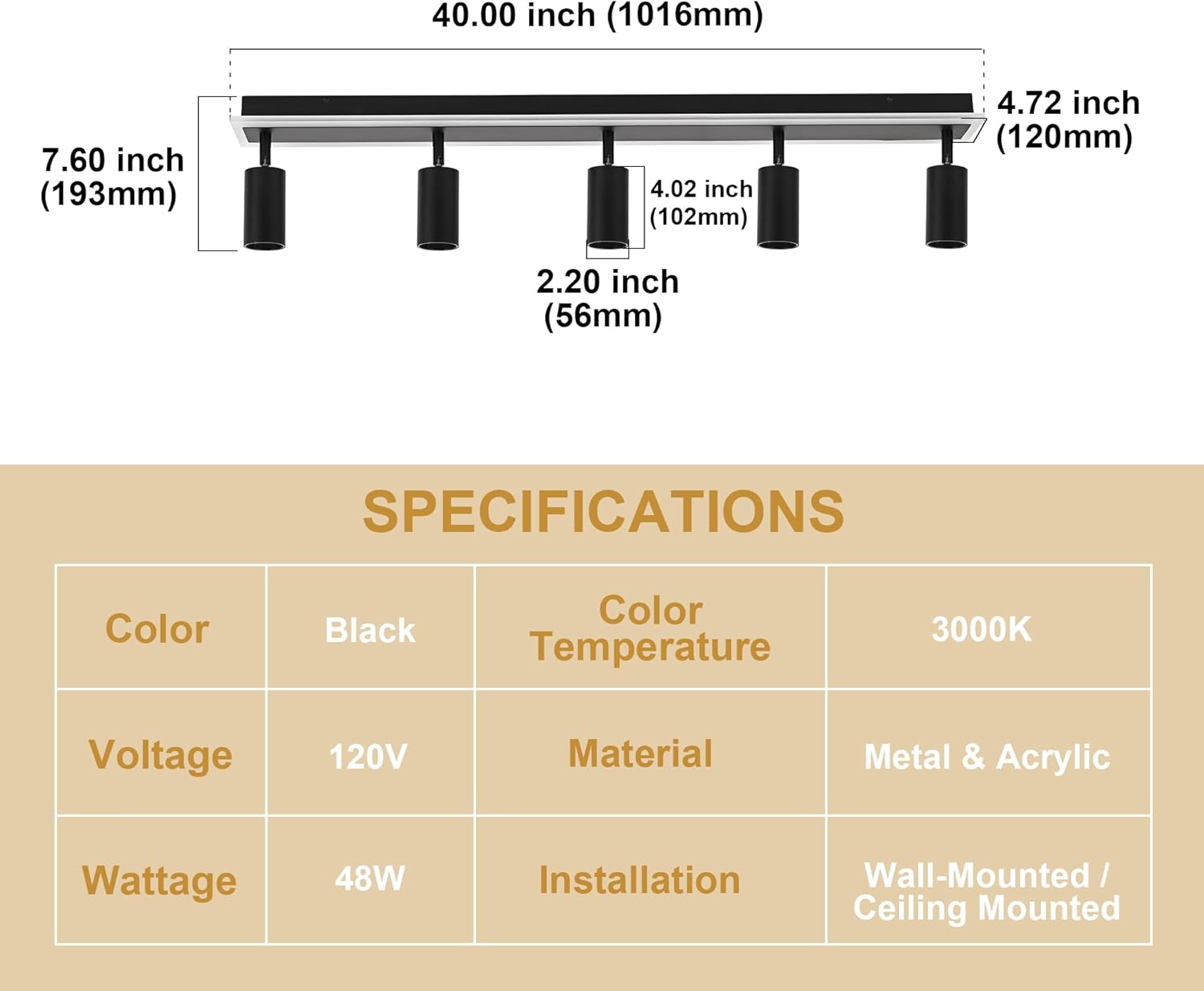 TODOLUZ 5-Light LED Track Light Fixture Black Matte Cylindrical Shades