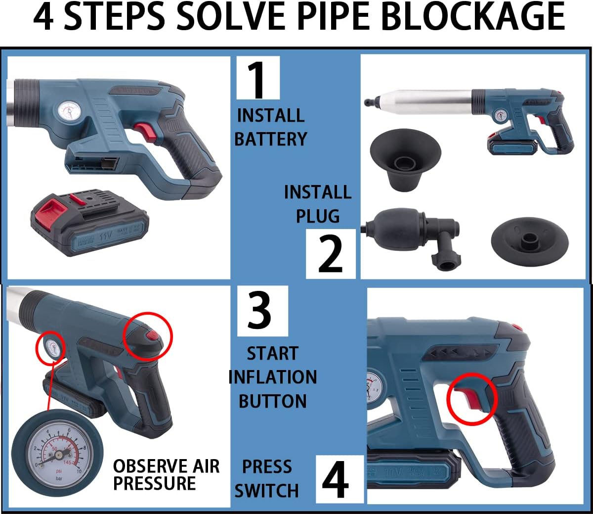 High Pressure Air Toilet Plunger for Bathroom and Kitchen Clogs Blue