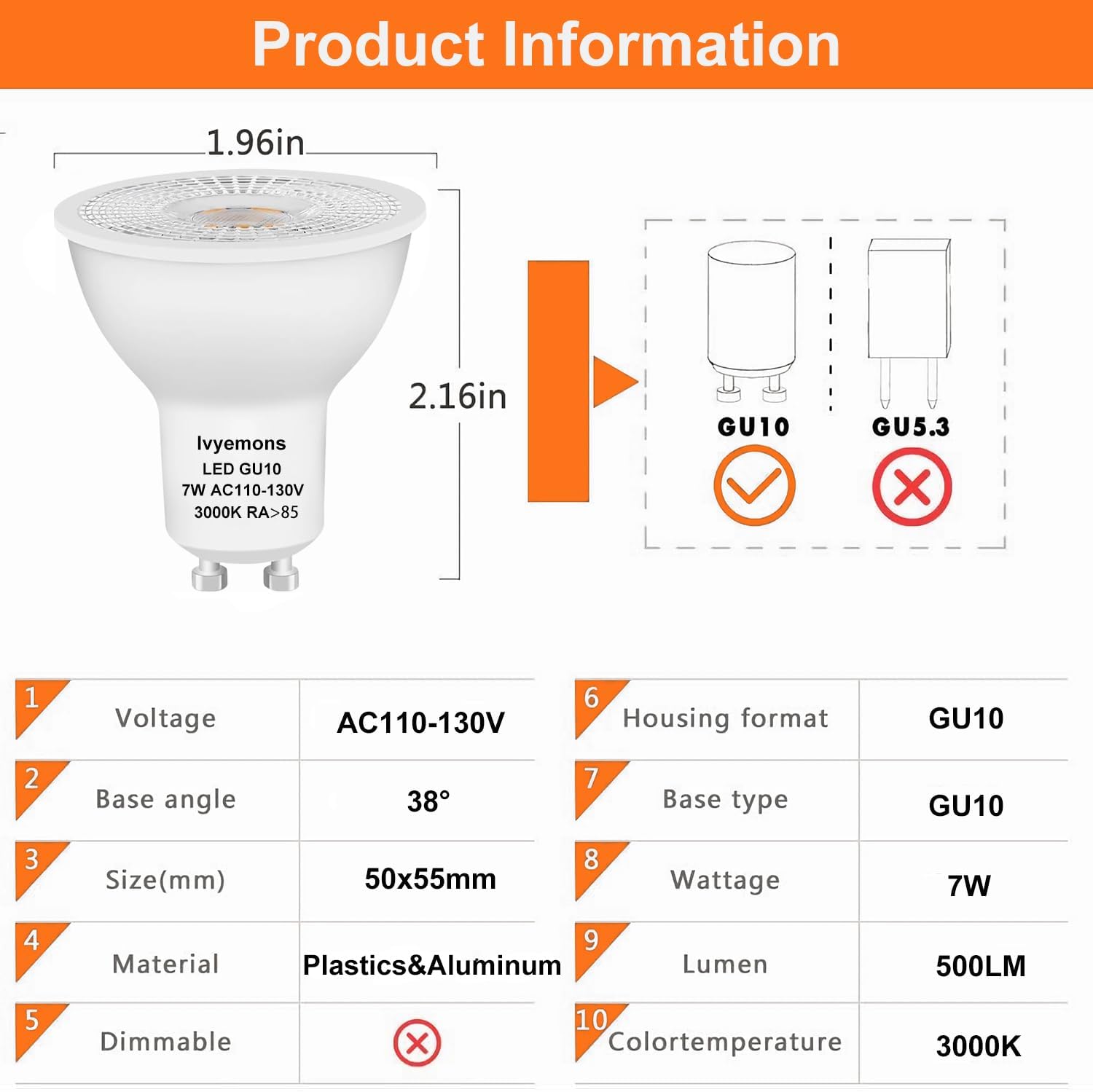 Ivyemons GU10 LED Dimmable Bulb 7W 3000K Warm White Flicker-Free