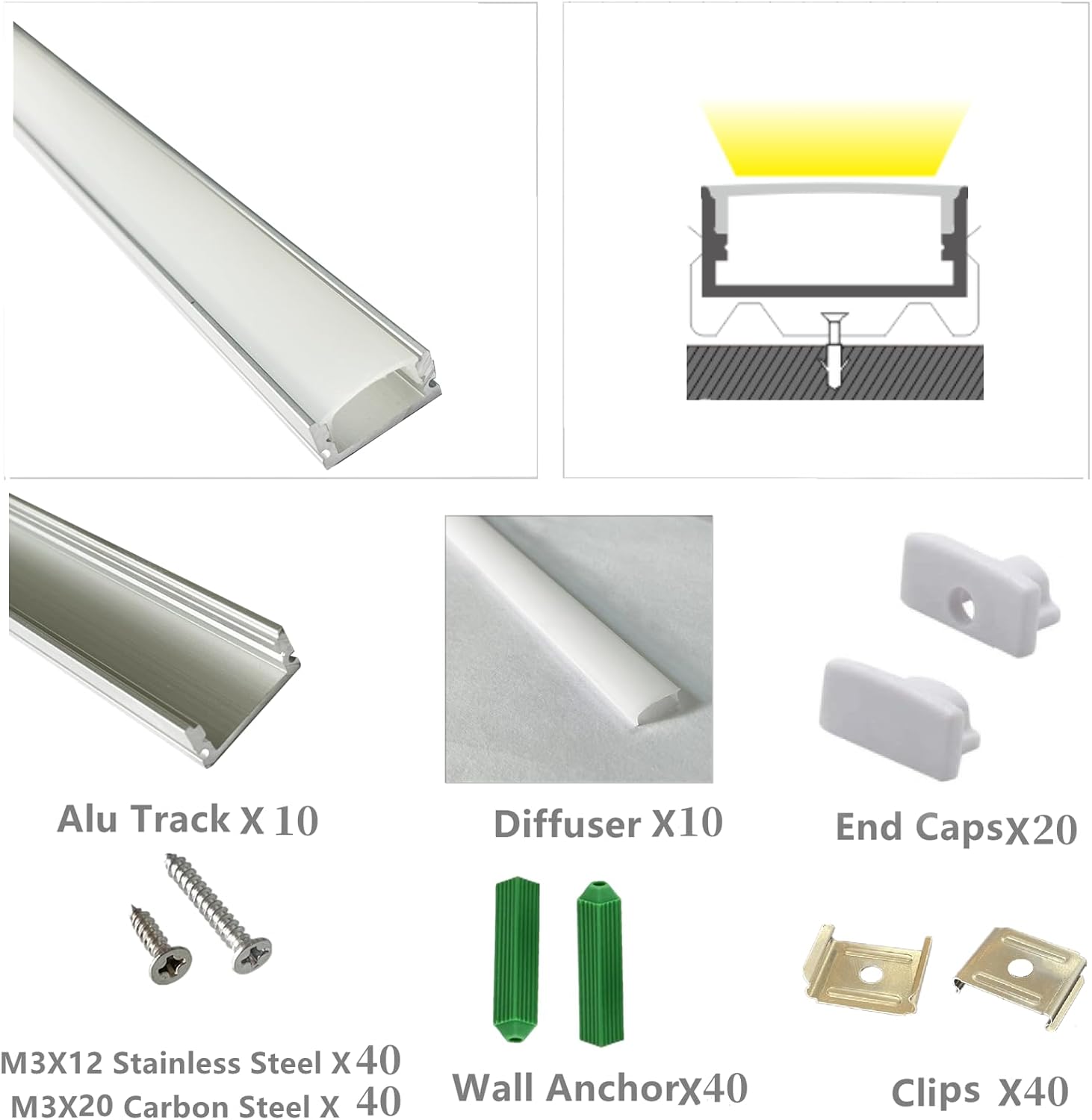 LED Strip U Channel Diffuser 10-Pack 656FT Surface Mounted Tape Light