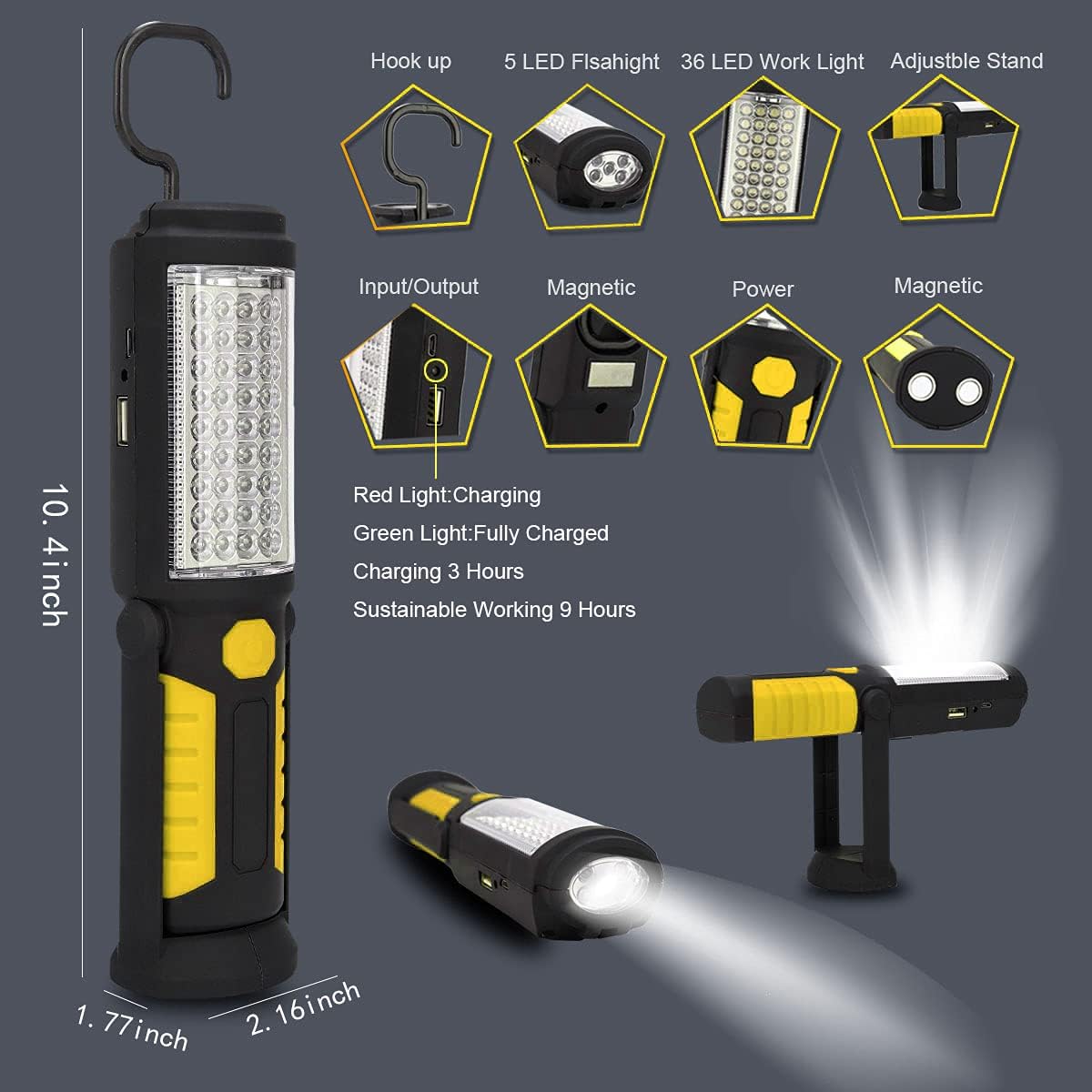 HEDAQI Rechargeable LED Work Light with Magnetic Hook and Swivel Base