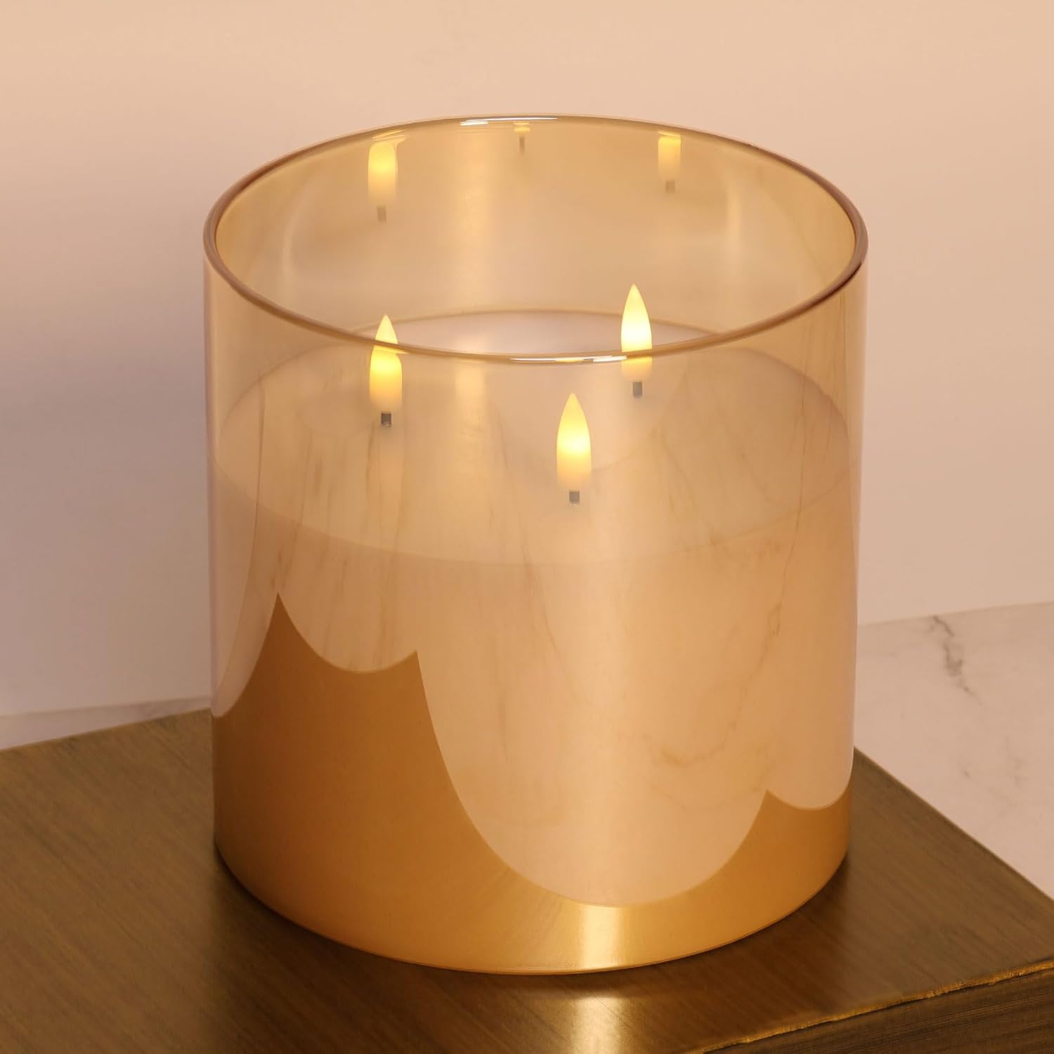 Eywamage 3 Wick Gold Glass Flameless Candle with Remote Control