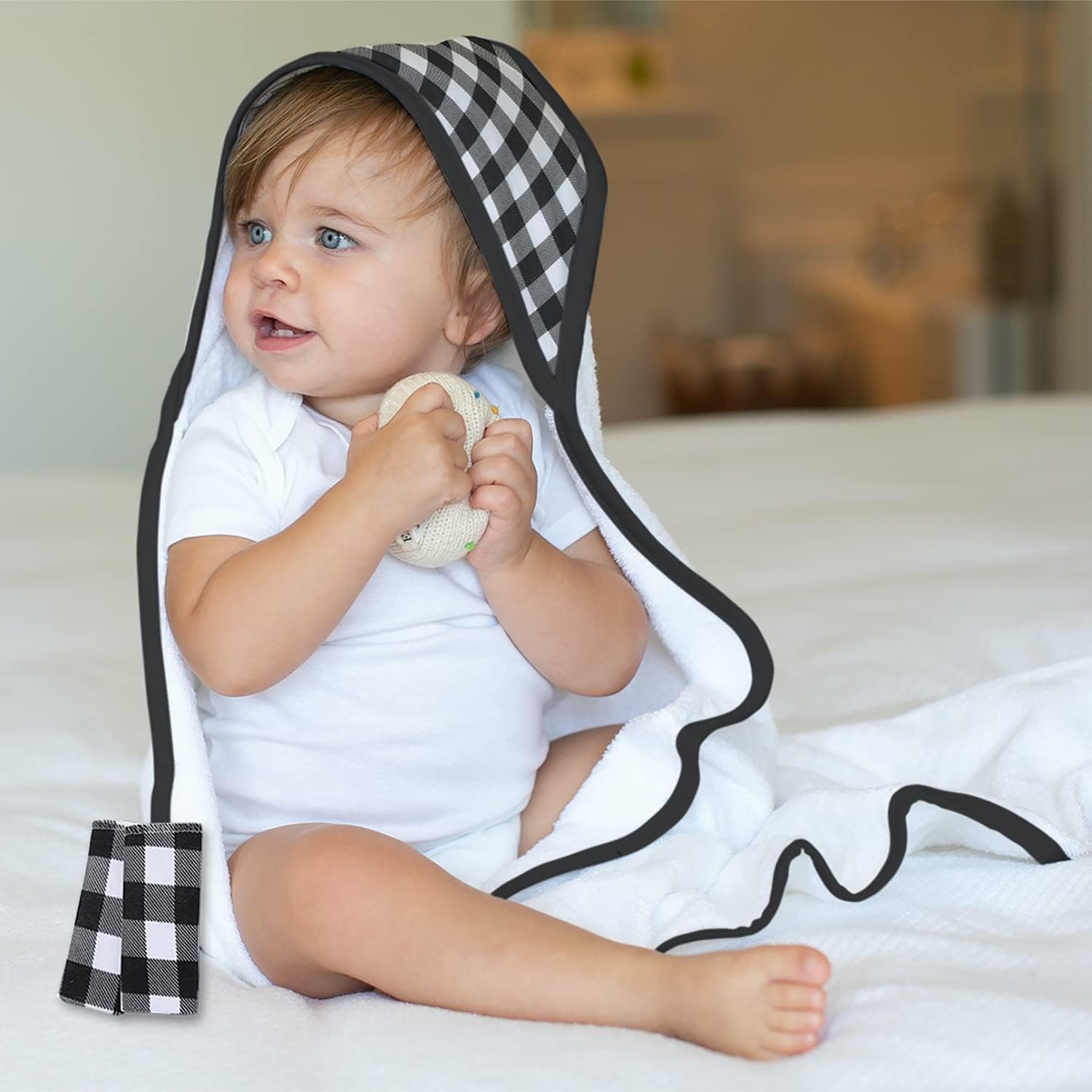 The Peanutshell Baby Hooded Towel Set - 23 Piece Black Plaid and Stripe
