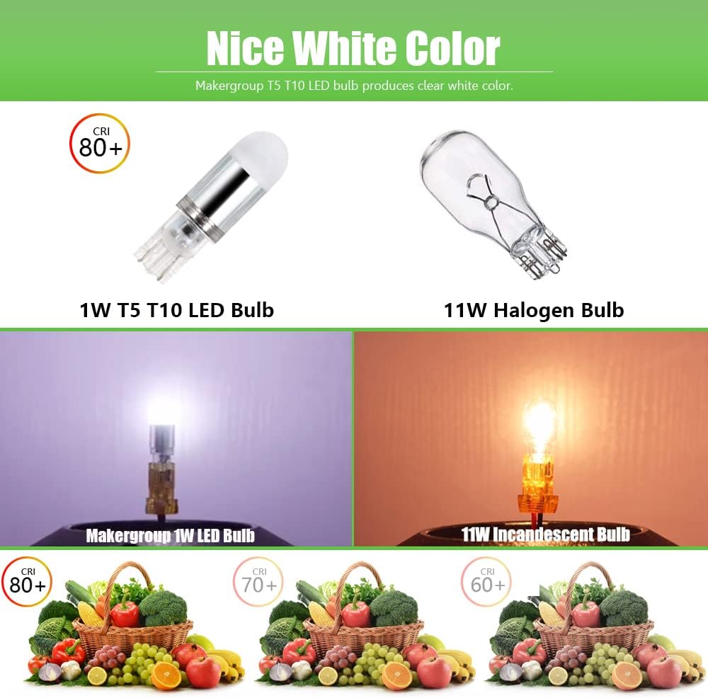 Makergroup T5 T10 Wedge Base LED Bulbs 6-Pack 1Watt Cool White 6000K