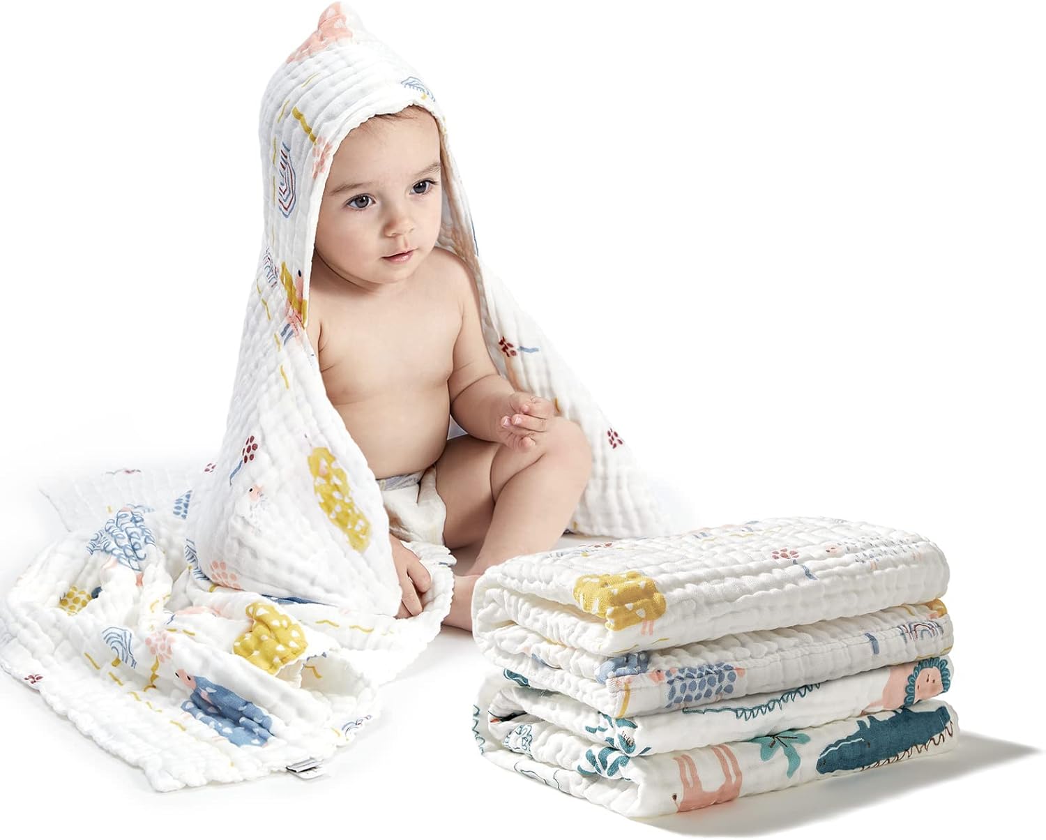 bc babycare 2-Pack Hooded Muslin Bath Towels 1