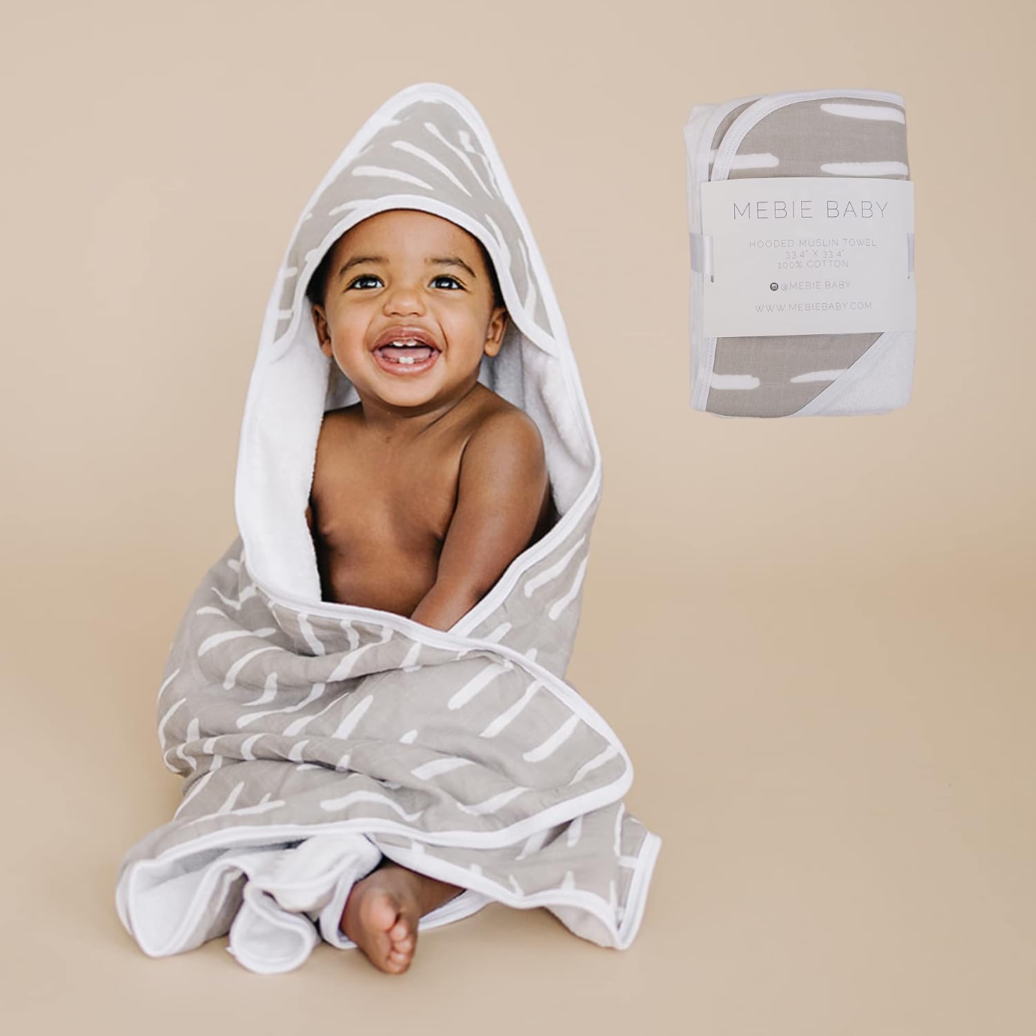 Mebie Baby Muslin Hooded Towel Grey Dash 1