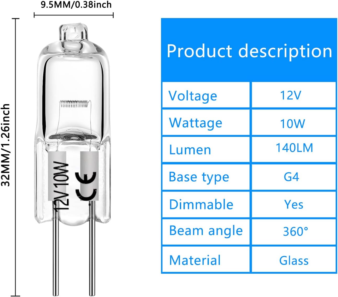 AHEVO 10W 12V Warm White Halogen Bulb G4 Bi-Pin 10 Pack