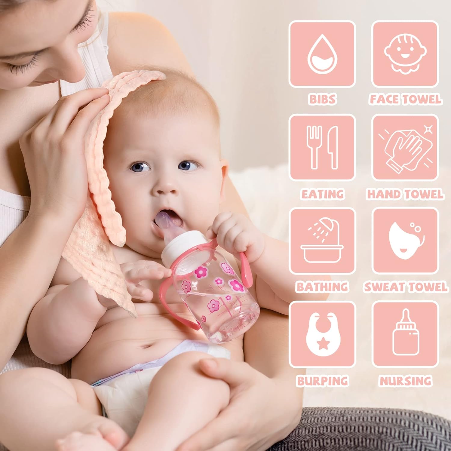 MUKIN Baby Washcloths and Burp Cloths 6 Pack 12x12 Inches Pink