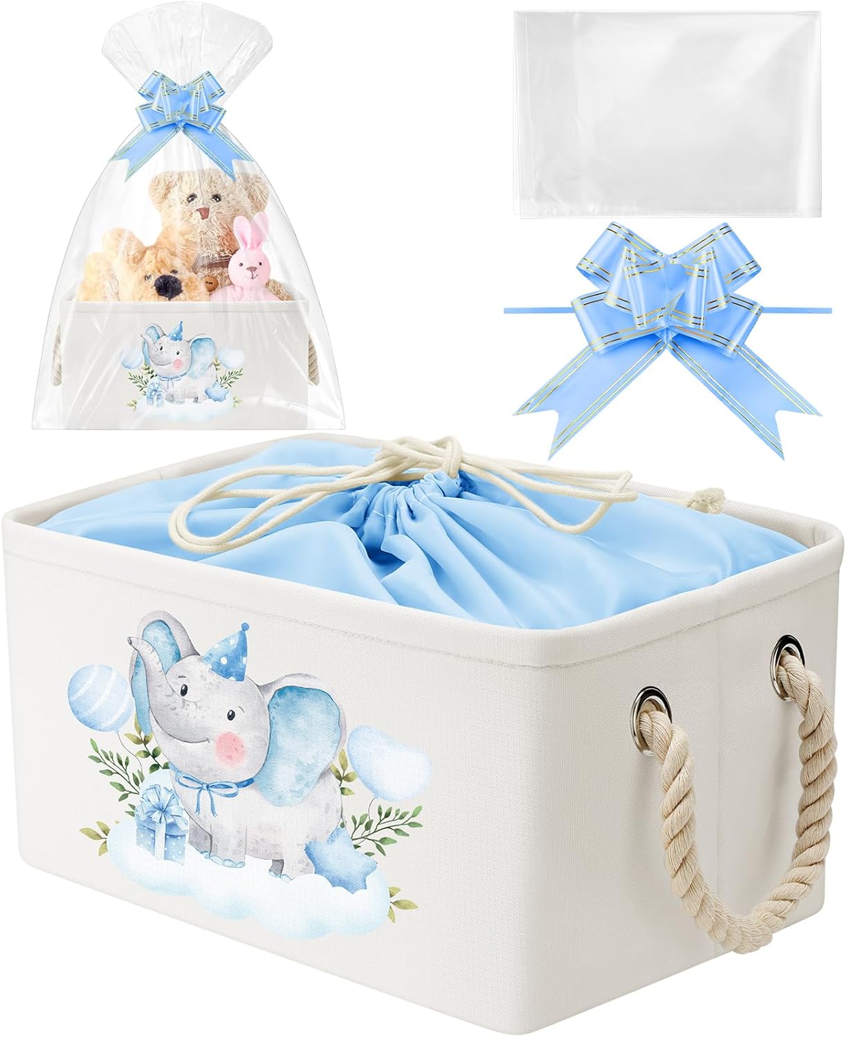 Pickmesh Blue Elephant Storage Basket with Gift Bag and Bow