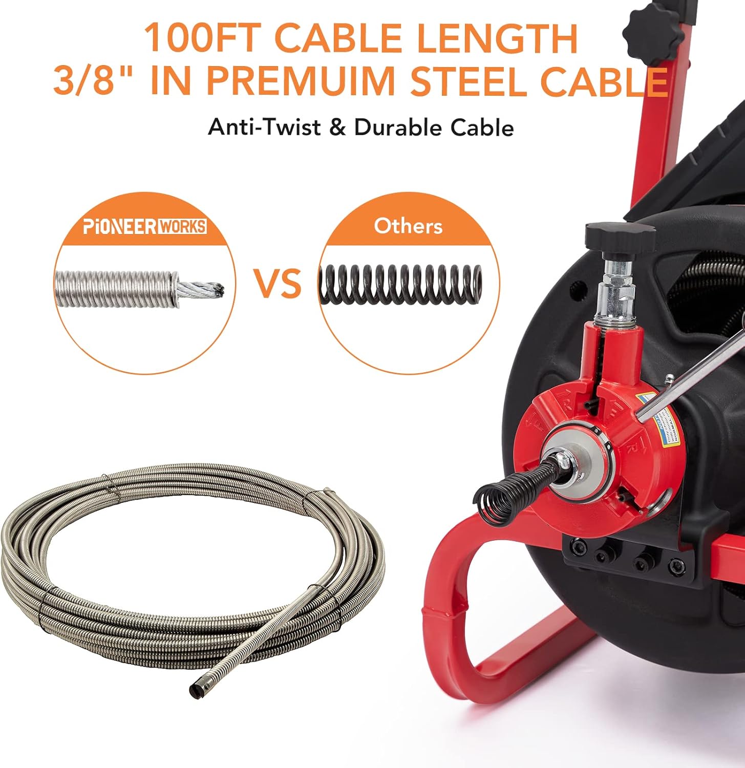 PioneerWorks 100Ft Drain Auger with Electric Cleaner and 6 Cutters