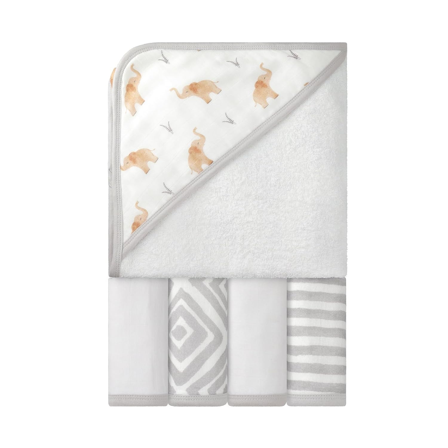 Featherhead 5-Piece Cotton Muslin Hooded Towel Washcloths Set for Baby Boy