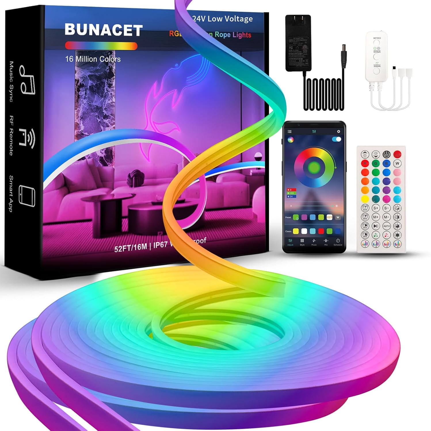 BUNACET 52FT RGBIC LED Strip Light with Remote APP Control