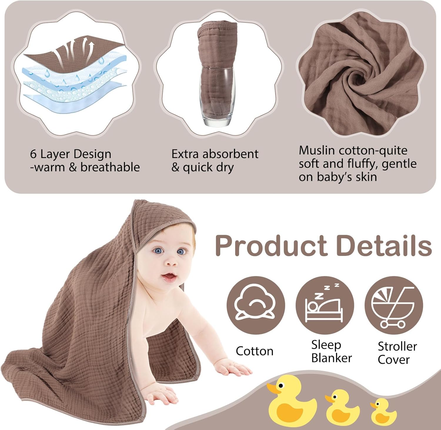Peryiter Muslin Hooded Baby Towel 32x32 Inch Cotton Towel for Newborn
