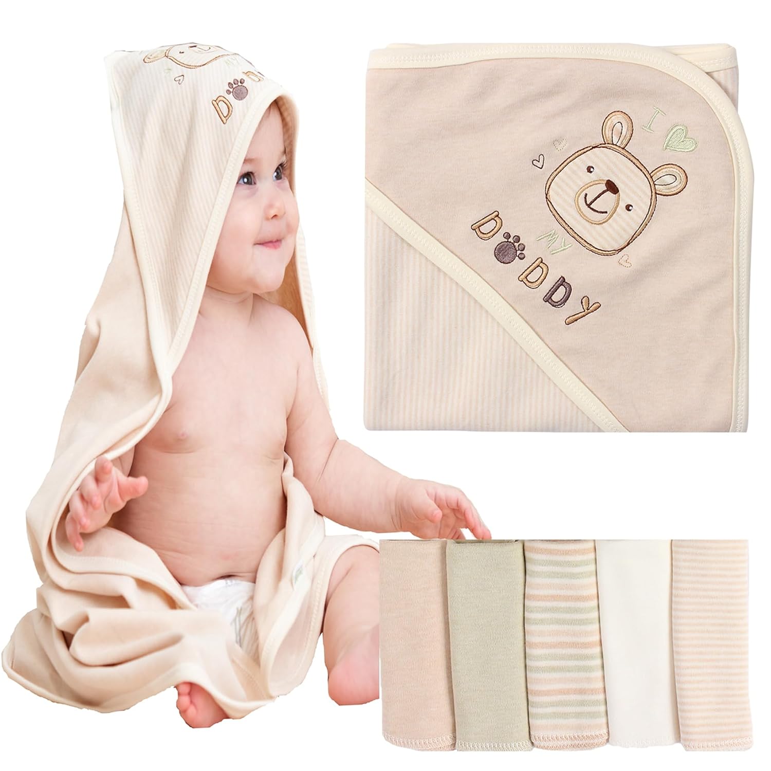 6 Pack Baby Hooded Towel and 5 Washcloths Set