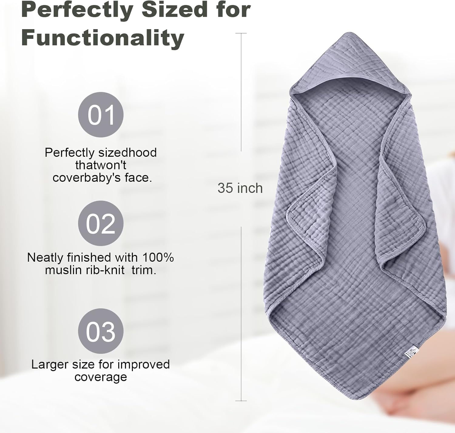 TinyTotsJoy Hooded Baby Towel 35x35 Inch Grey