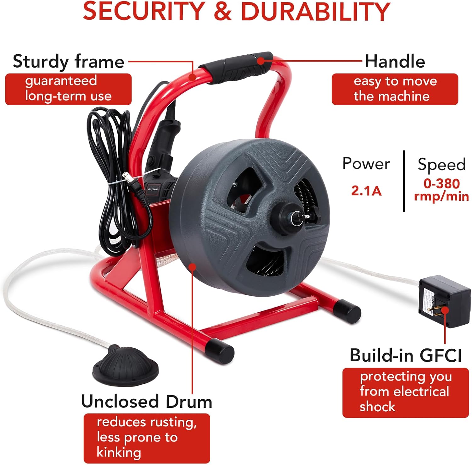 Garvee Electric Drain Auger with 6 Cutters and Foot Switch