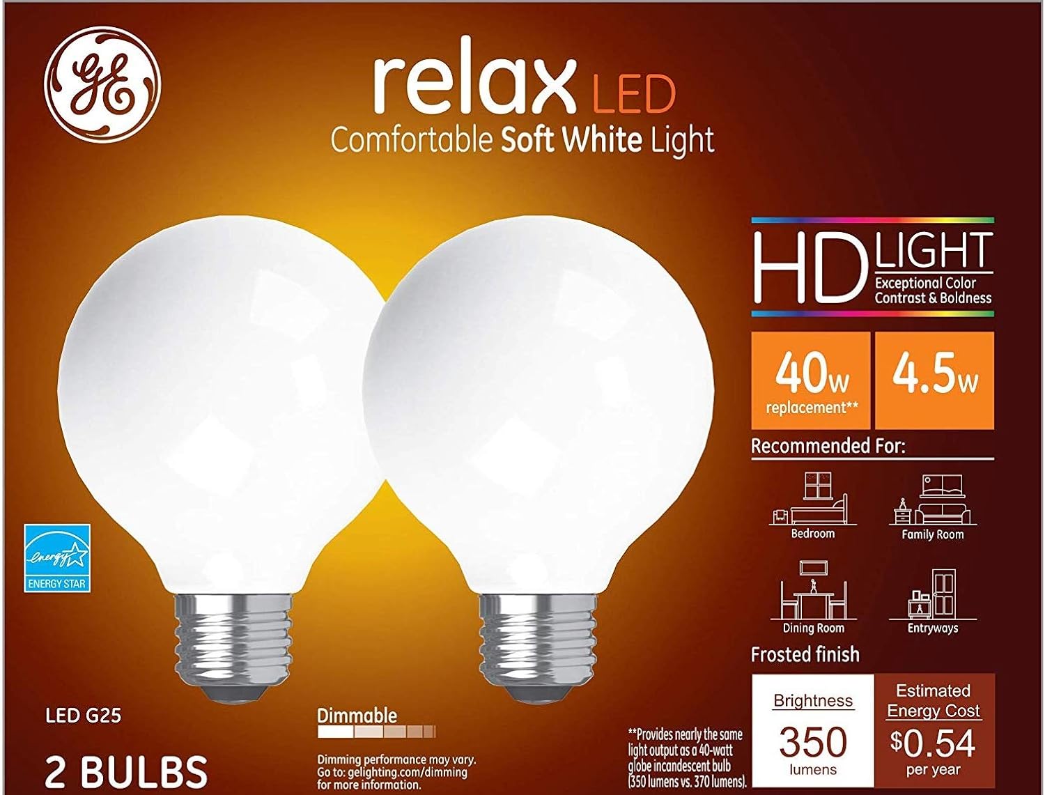 GE Relax HD LED Globe Light Bulbs 2 Pack