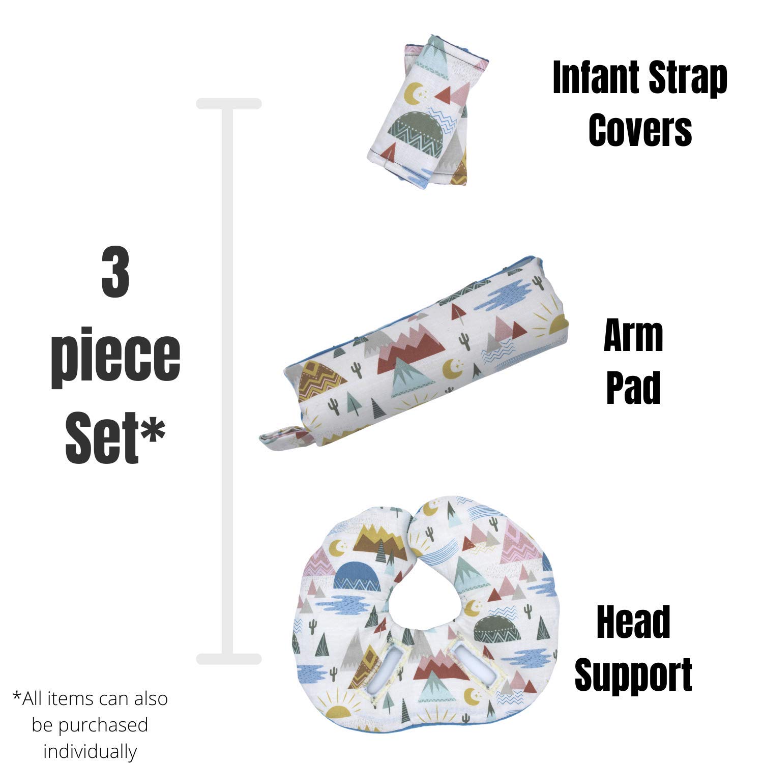 Infant Car Seat Head Support Set with White Mountain Print