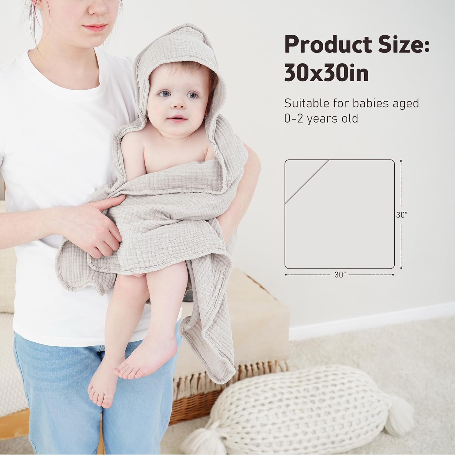 Susurration Hooded Baby Towels 2 Pack 30x30 Inch Muslin Cotton