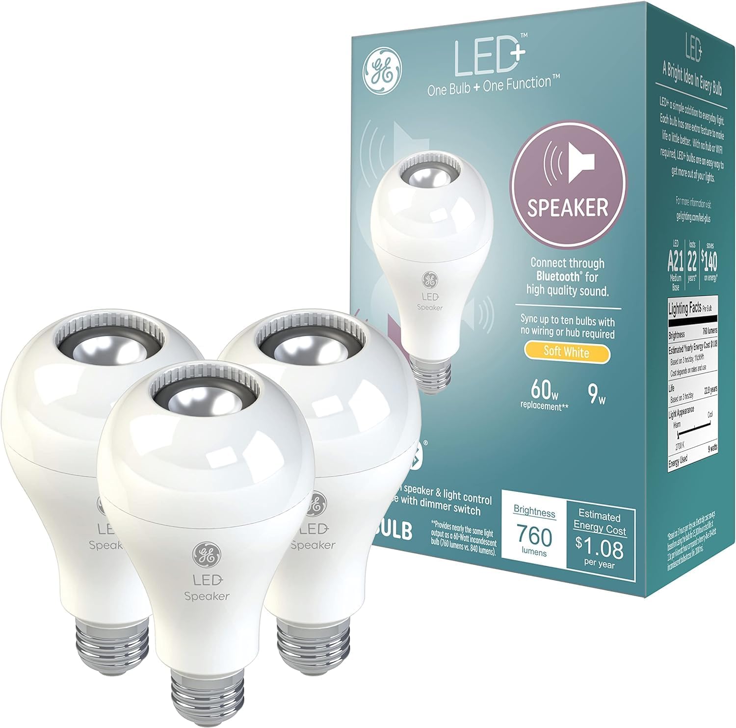 GE LED Speaker Light Bulb 3 Pack Bluetooth Soft White Remote Included