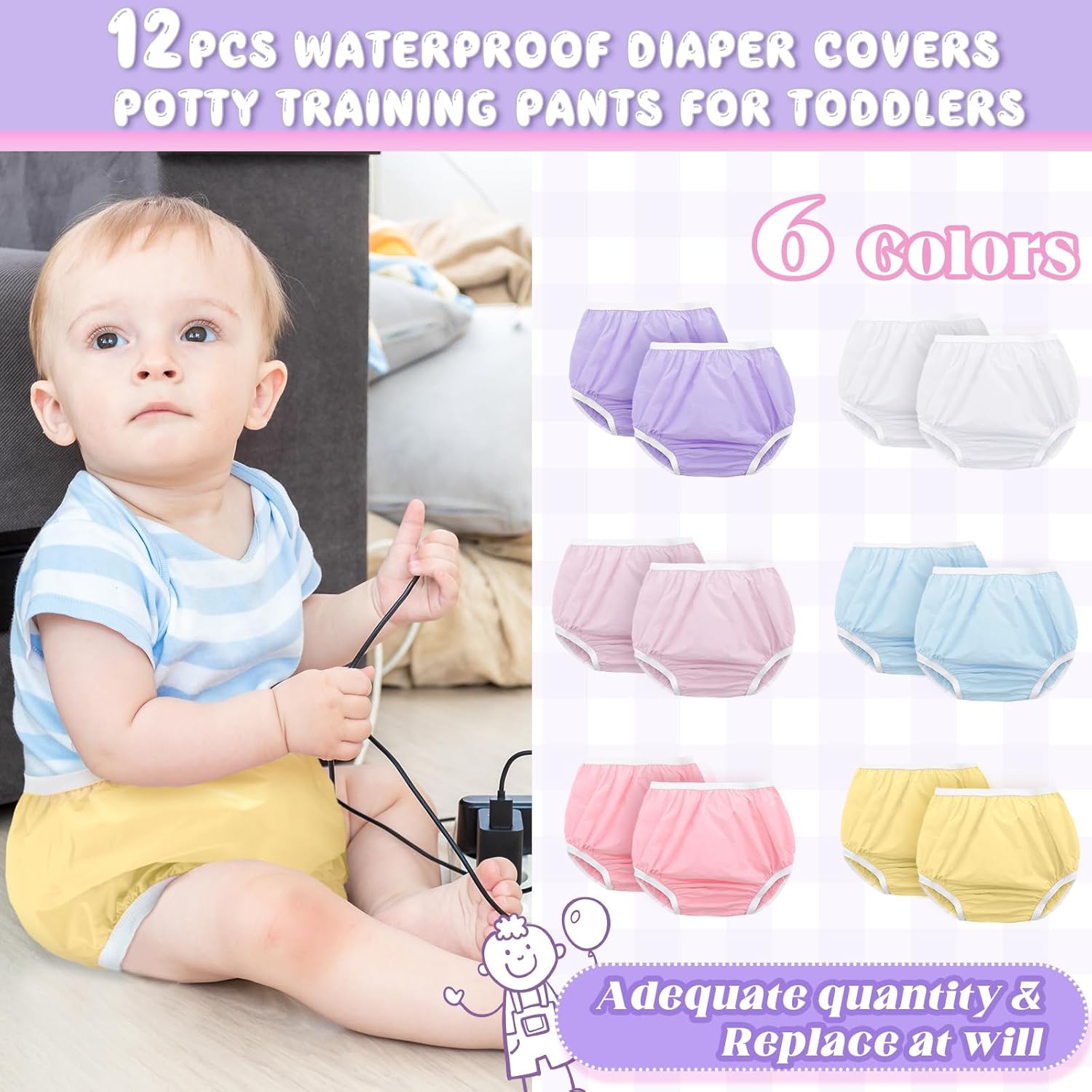 Funtery 12-Pack Waterproof Training Pants for Toddlers Reusable Diaper Covers Unisex