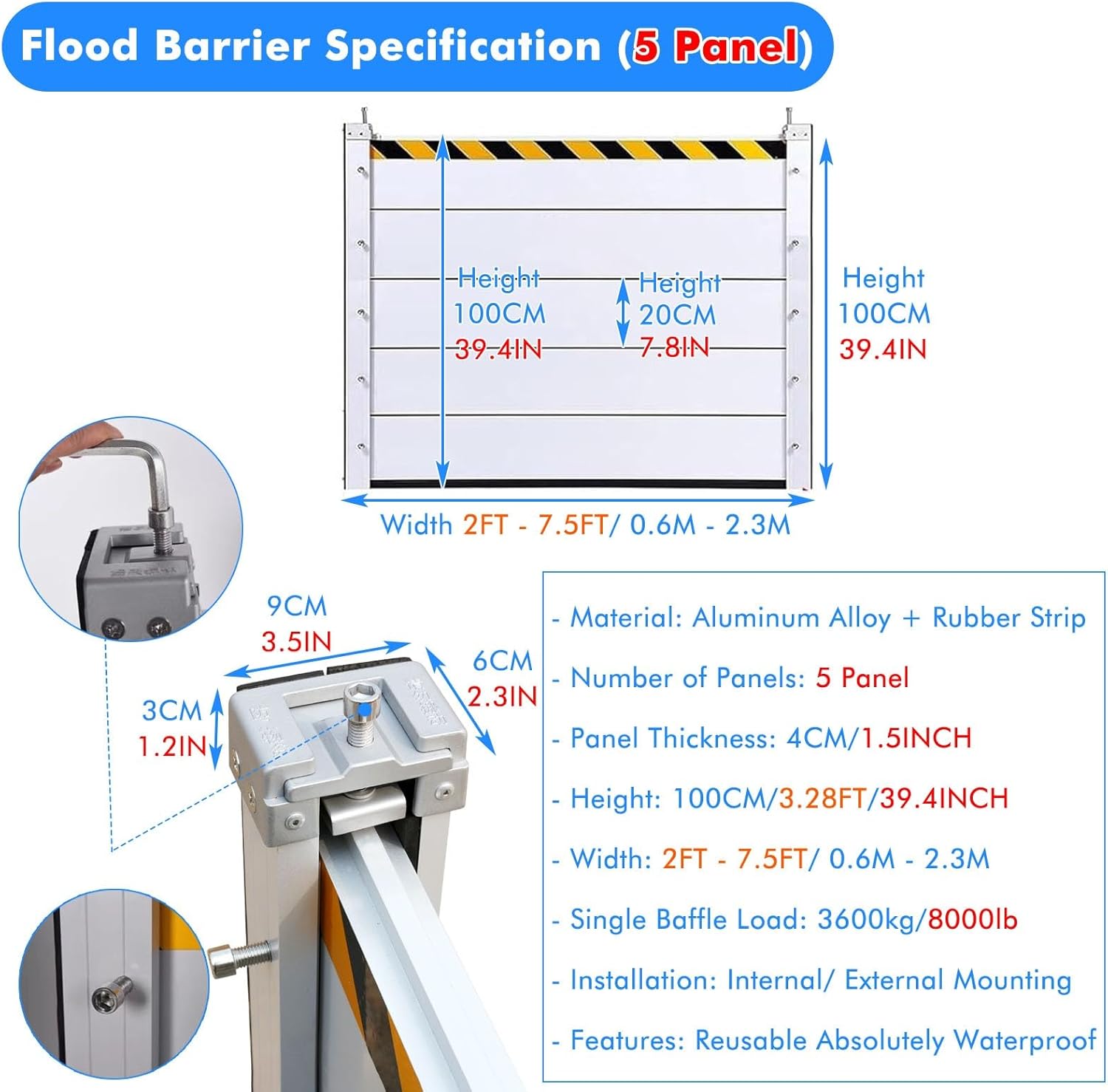 Heavy Duty Aluminum Flood Control Barrier 3ft 4ft 5ft Tall