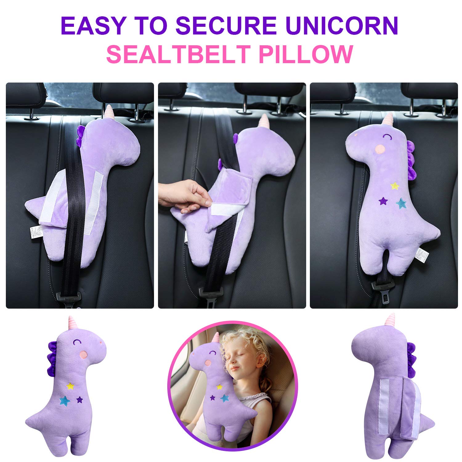 Farochy Unicorn Seat Belt Pillow for Kids Purple