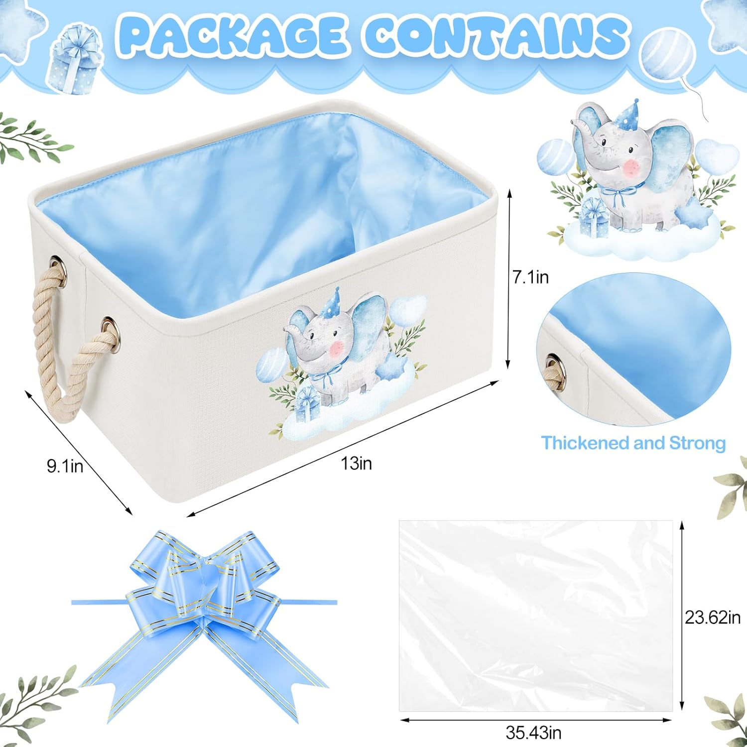 Pickmesh Blue Elephant Storage Basket with Gift Bag and Bow