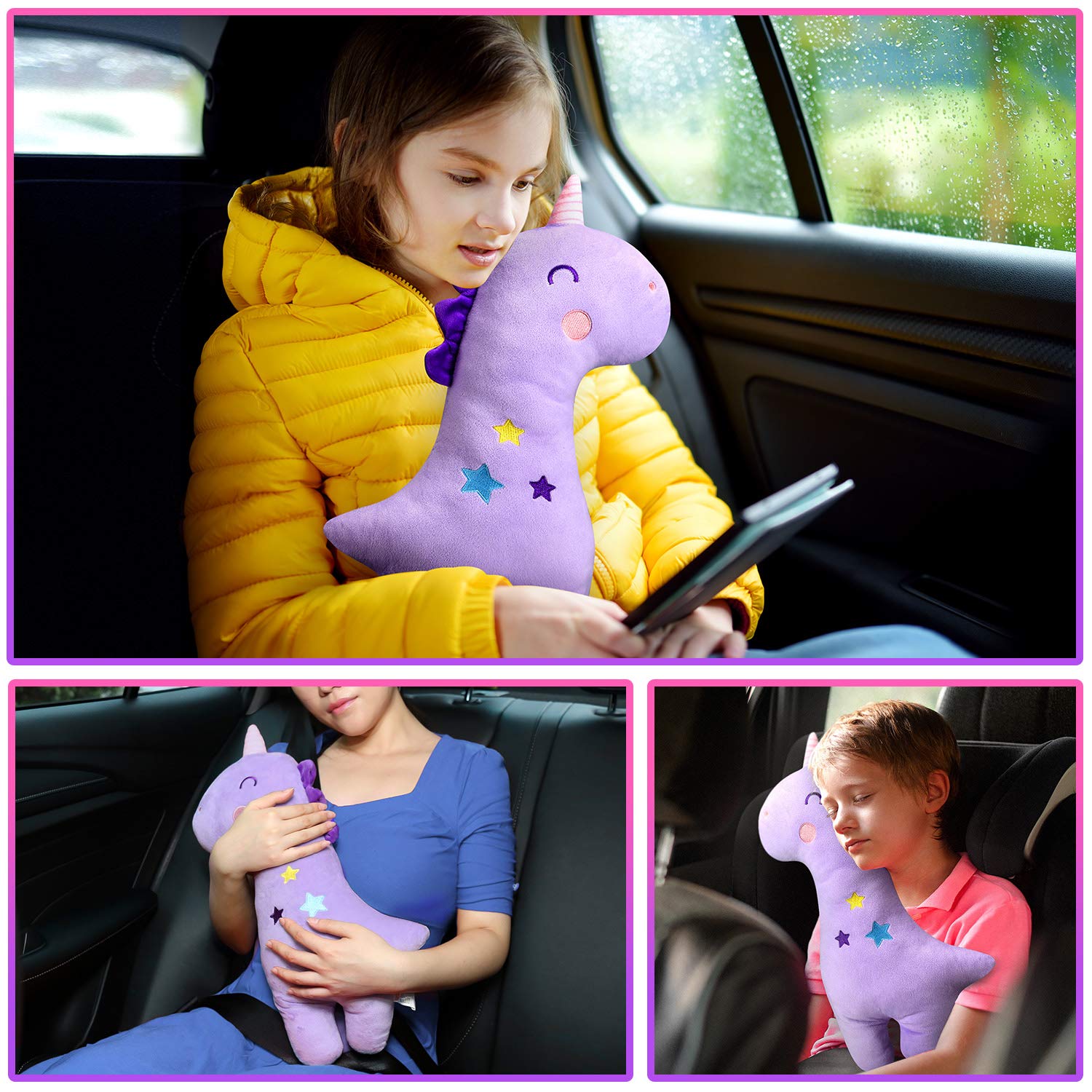 Farochy Unicorn Seat Belt Pillow for Kids Purple