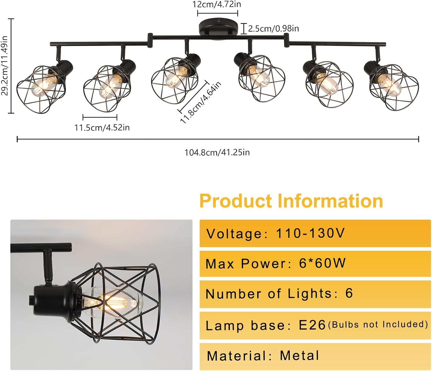 WILON 6 Light Track Lighting Kit - Black Industrial Flush Mount Ceiling Light