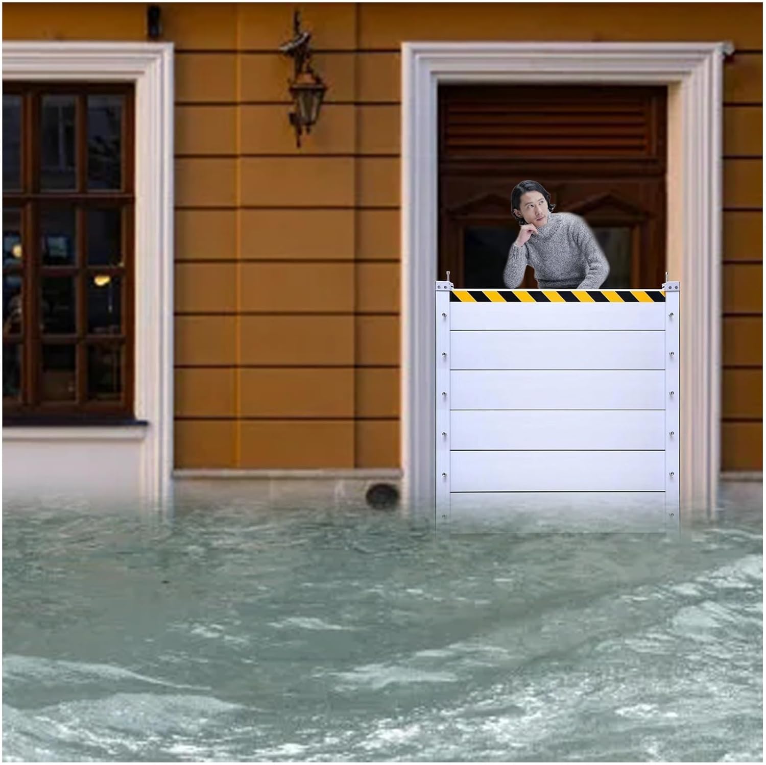 Heavy Duty Garage Flood Barrier with Aluminum Panels and Safety Stripe - 668in Silver