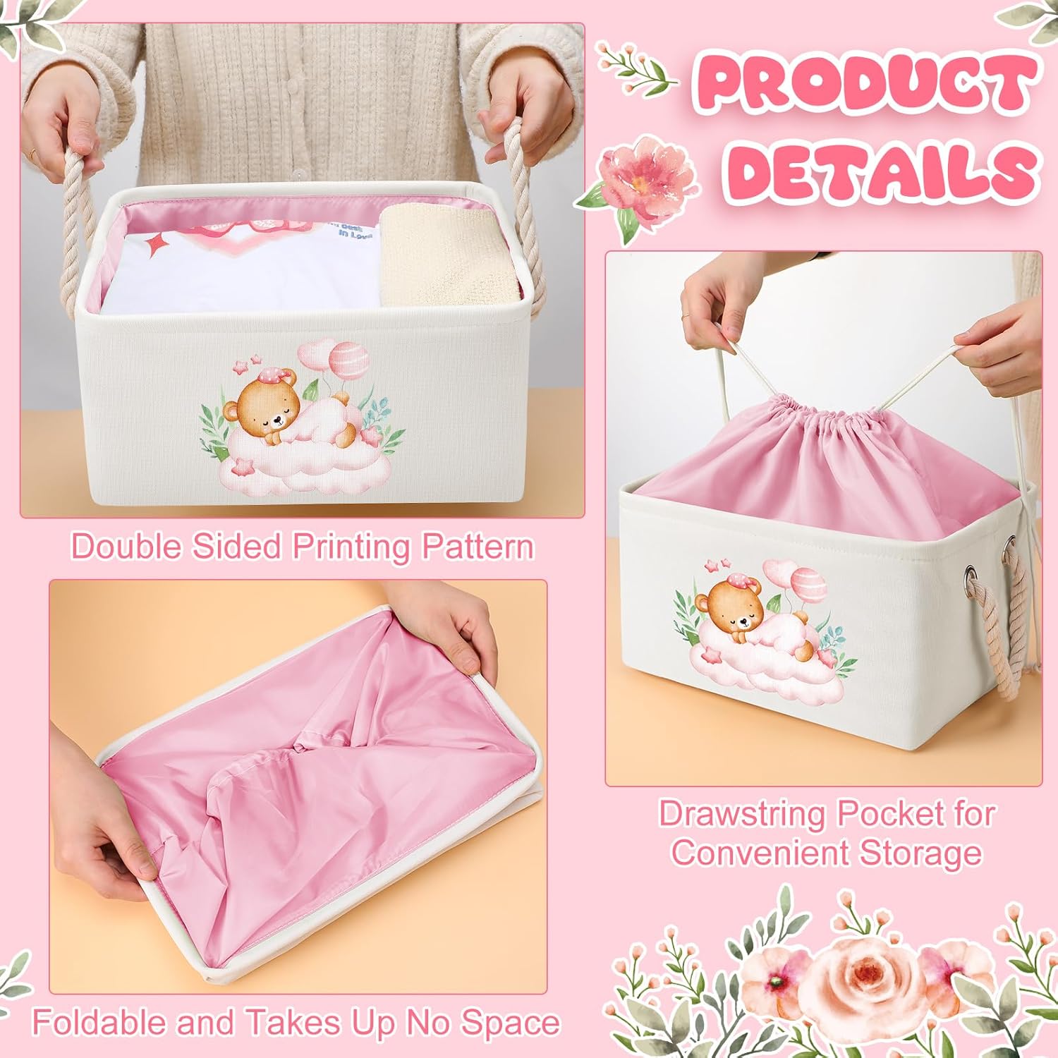 Pickmesh Pink Bear Baby Storage Basket with Handles