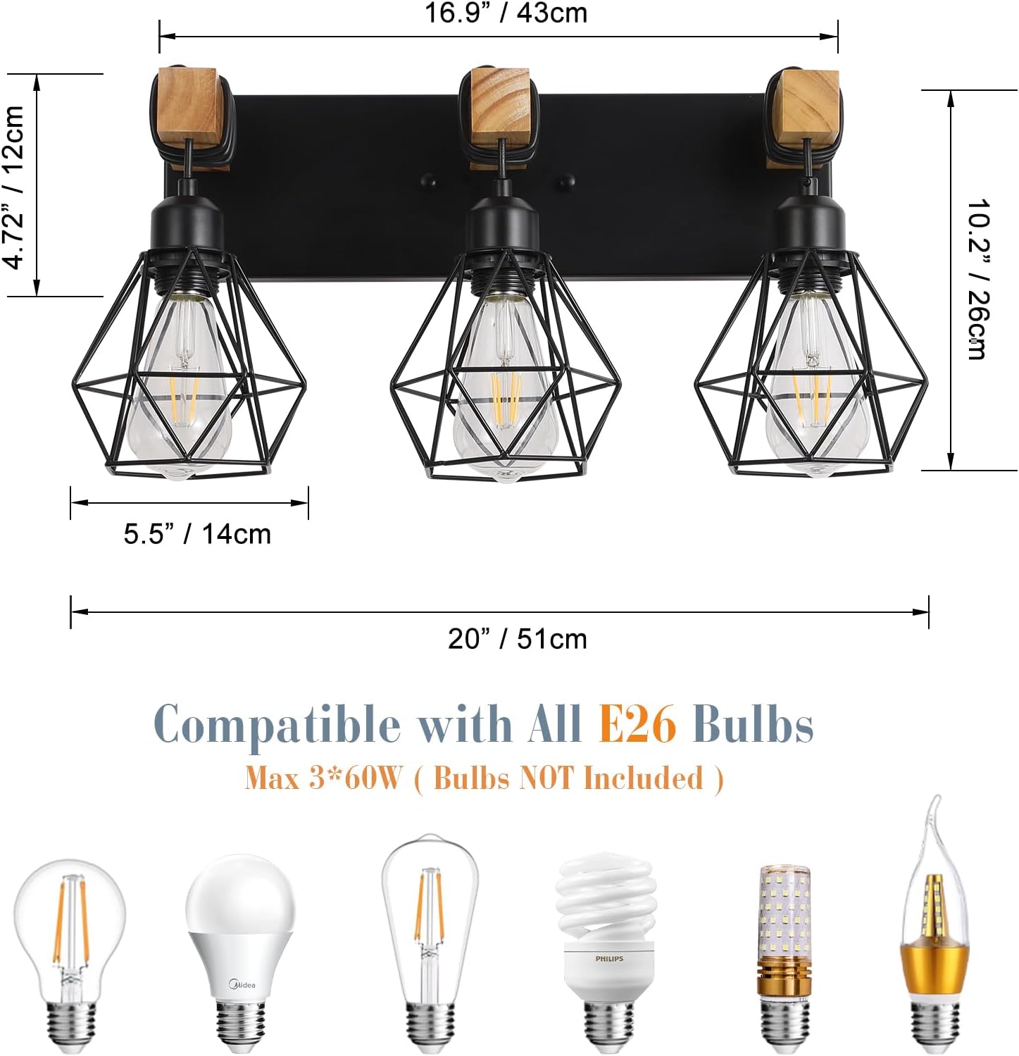 VbiTmn 3-Light Farmhouse Vanity Light with Metal Lampshade