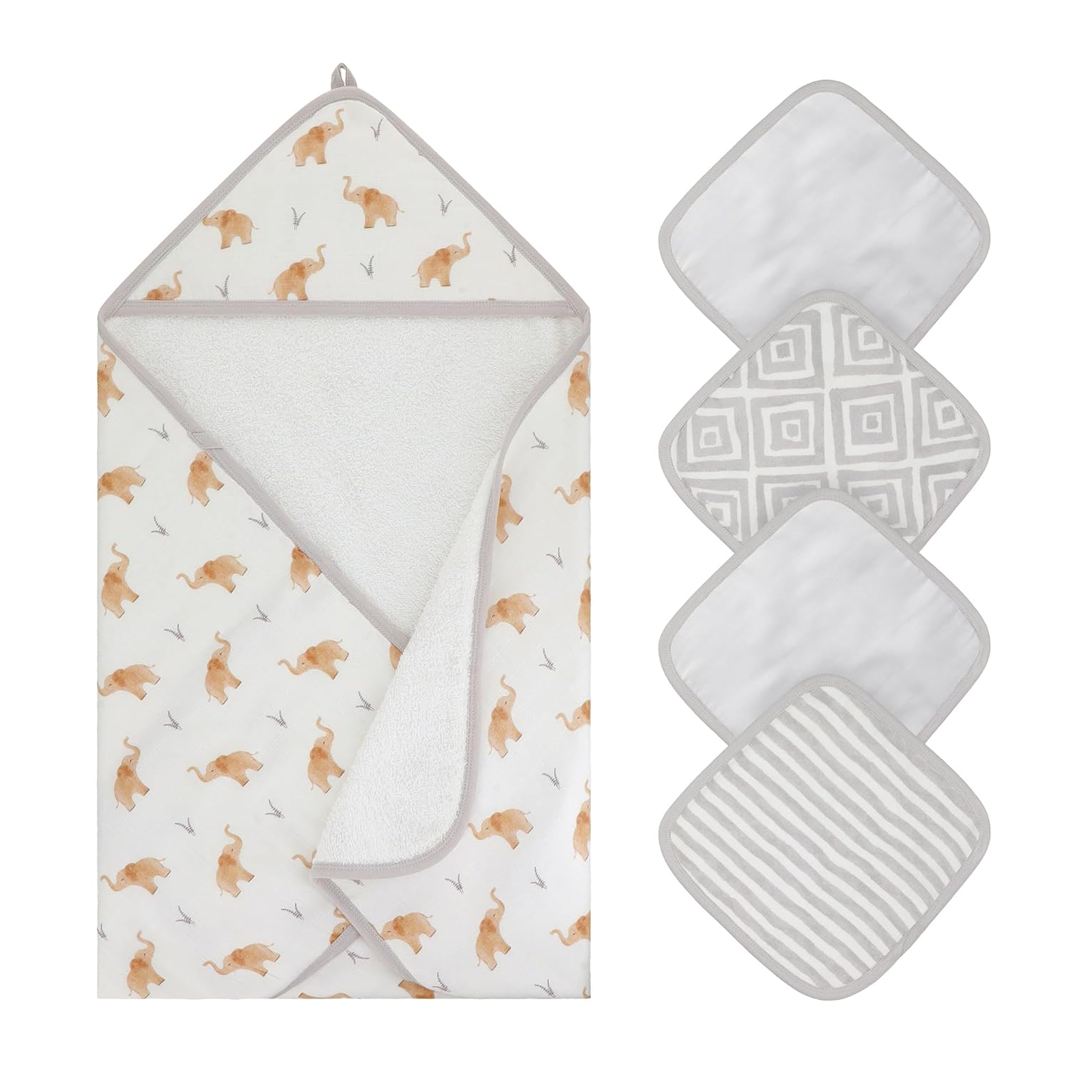 Featherhead 5-Piece Cotton Muslin Hooded Towel Washcloths Set for Baby Boy