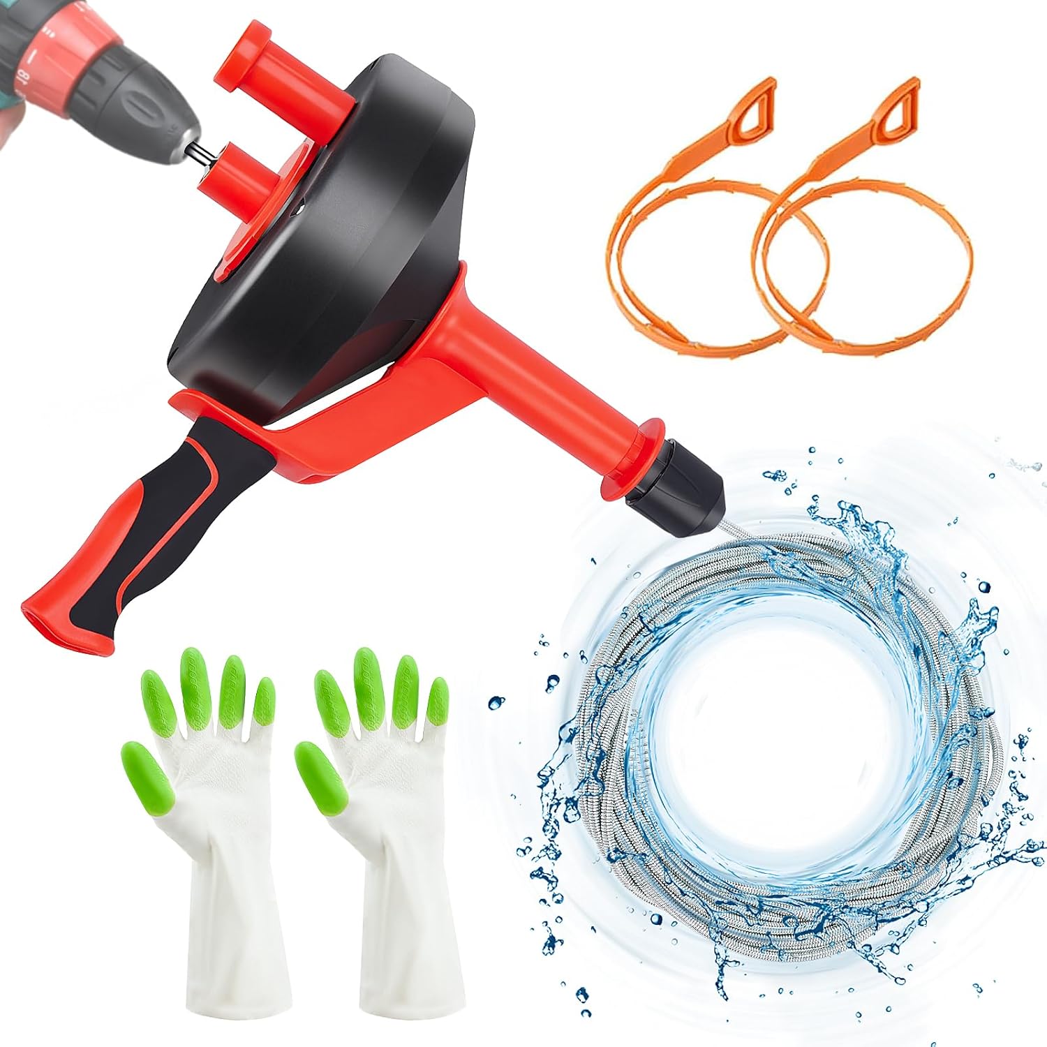 Annisport 43ft Drain Snake with Drill Attachment - Red 1