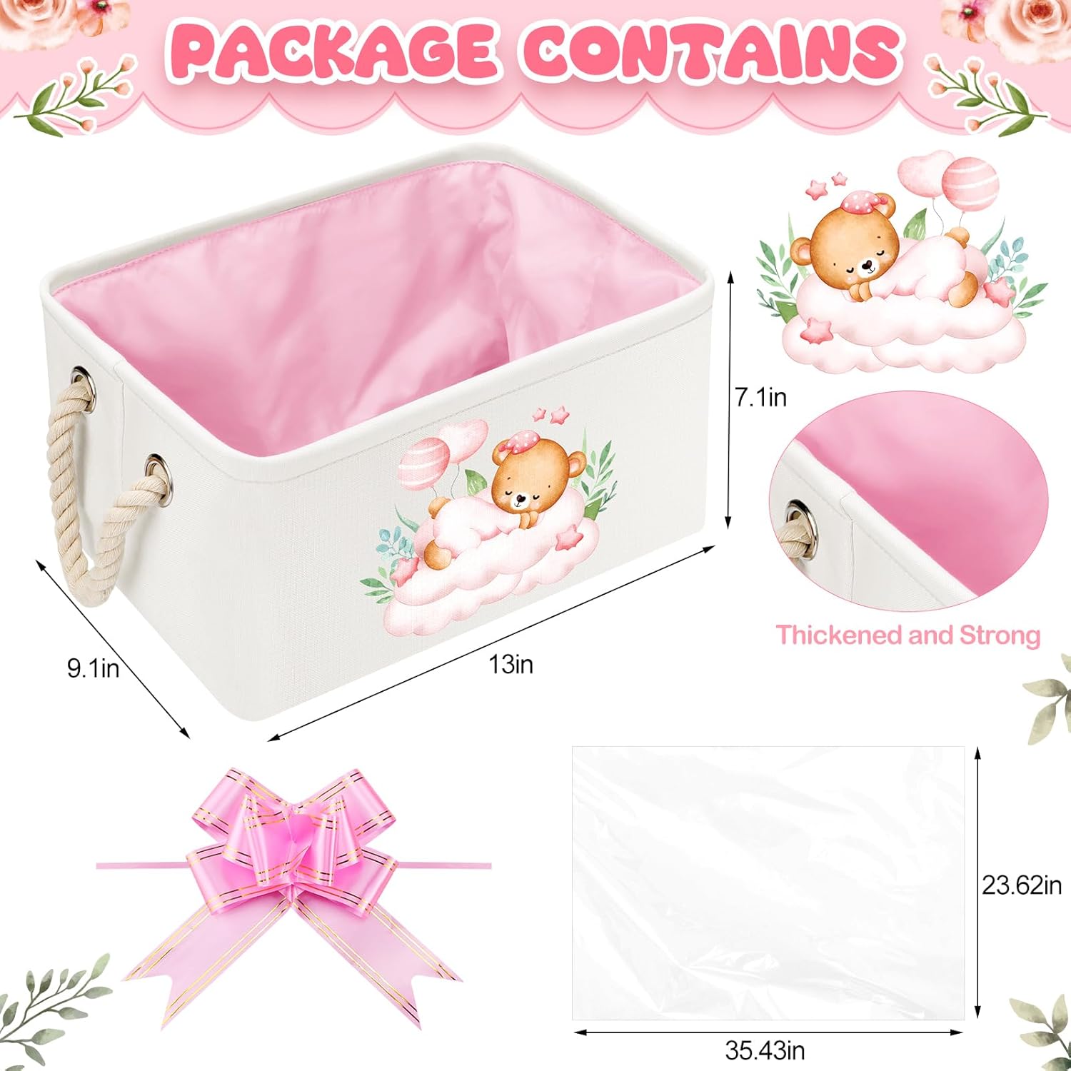 Pickmesh Pink Bear Baby Storage Basket with Handles