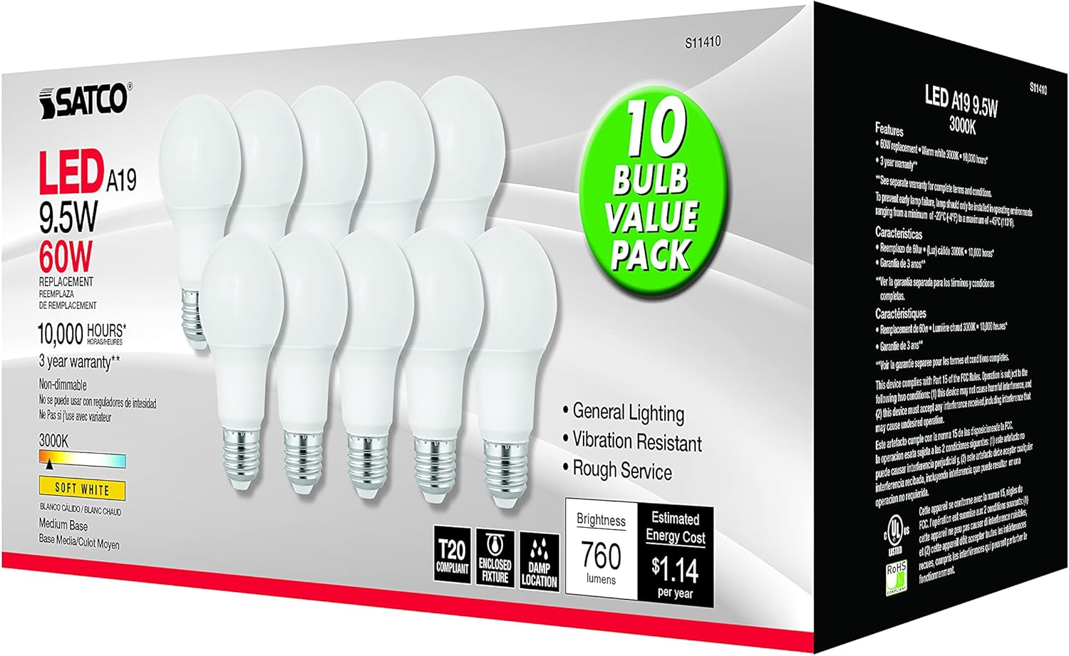 Satco 95W A19 LED Bulbs 10 Pack Warm White 3000K