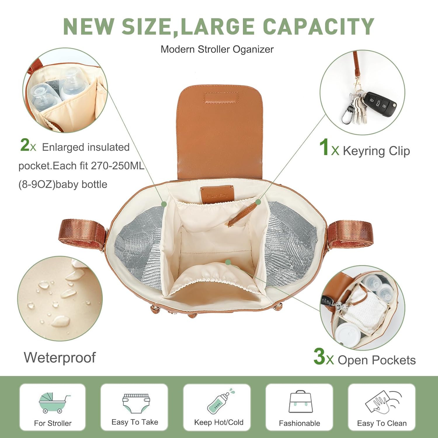 Miss Fong Stroller Organizer with Insulated Cup Holder and Adjustable Strap Brown