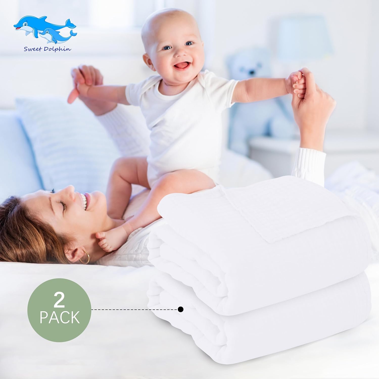 Sweet Dolphin Muslin Baby Bath Towels 2 Pack - 40x40 Inch 100 Cotton