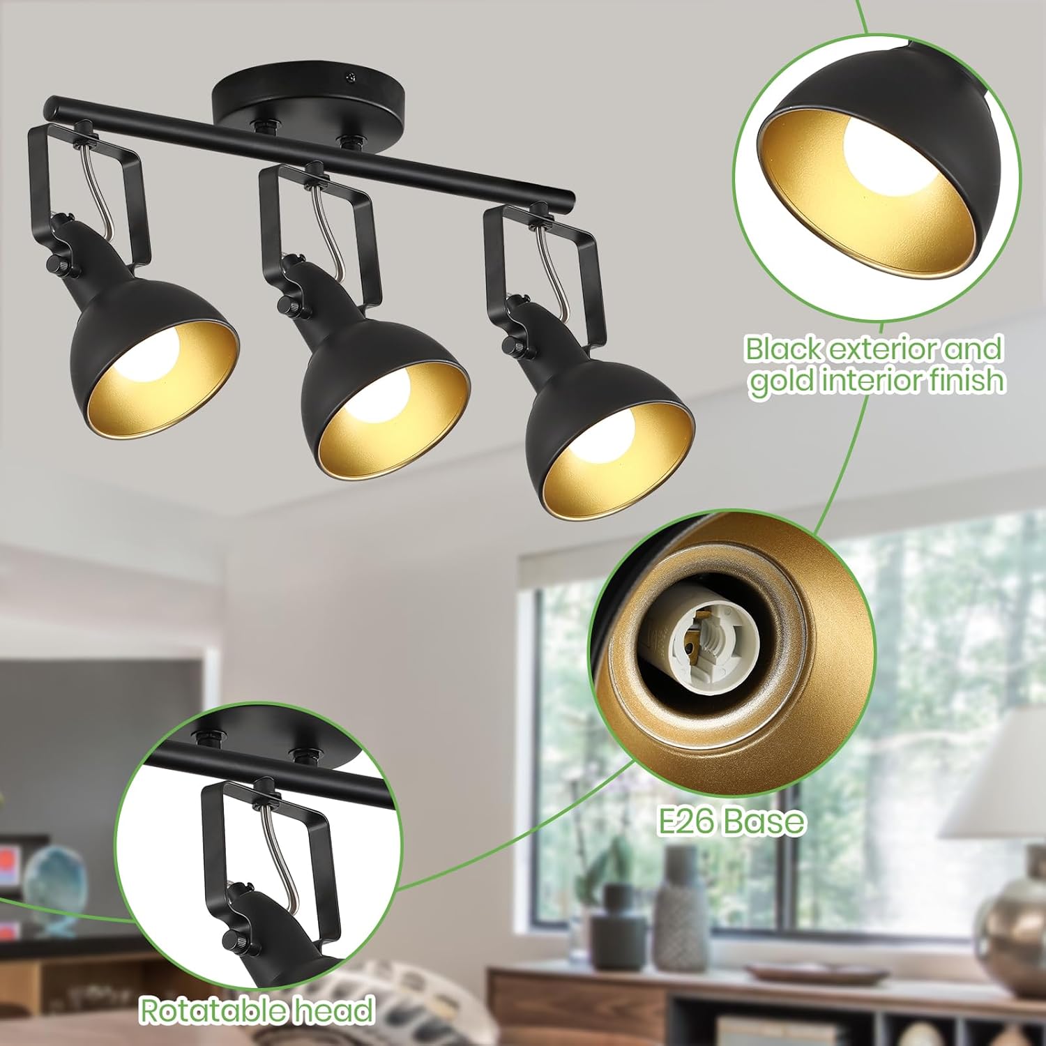 MUEOF Industrial 3-Light Track Lighting Black Ceiling Spotlight