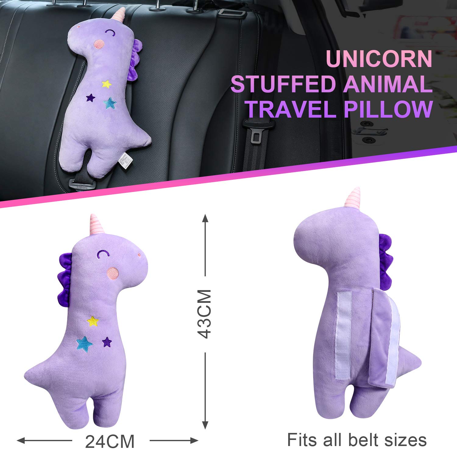 Farochy Unicorn Seat Belt Pillow for Kids Purple