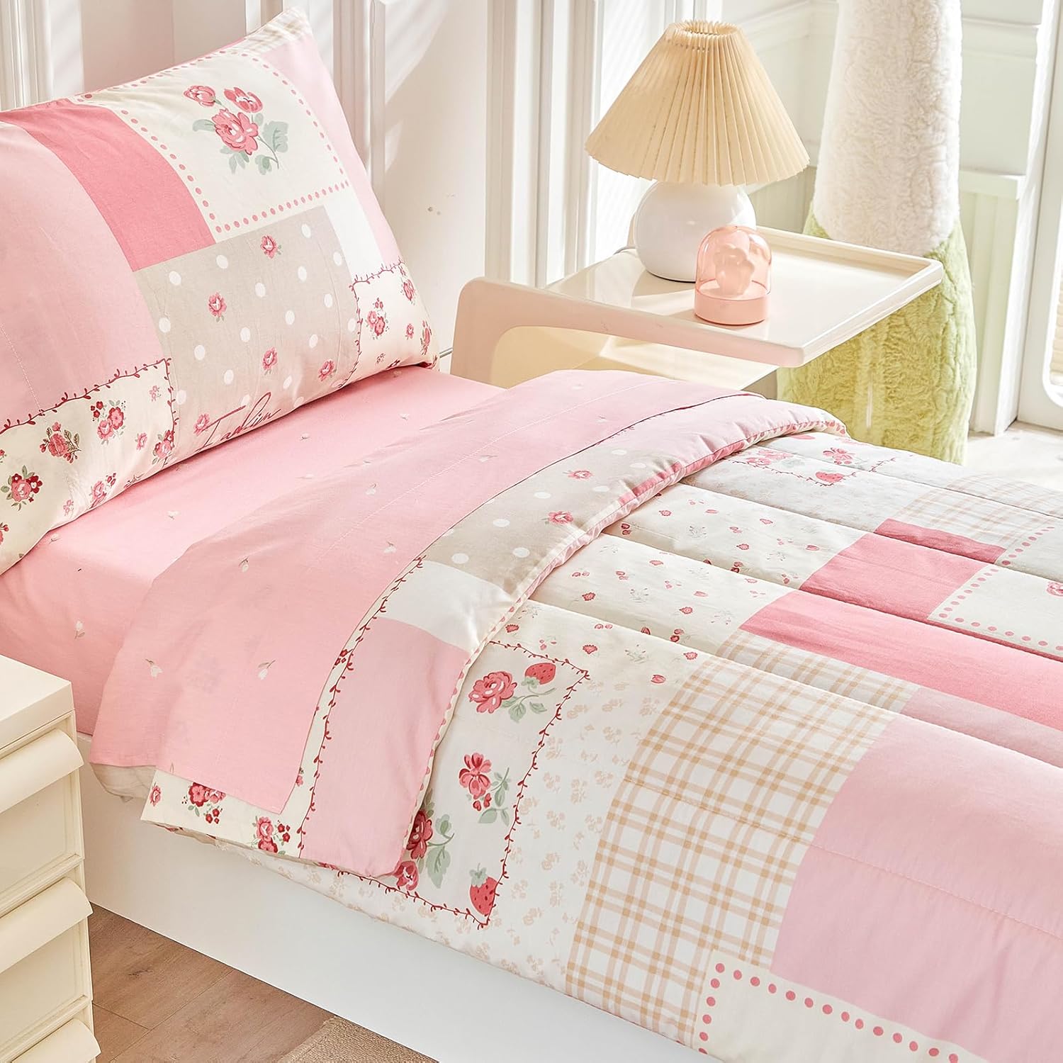 Joyreap 4-Piece Toddler Bedding Set - Pink Flower Plaid