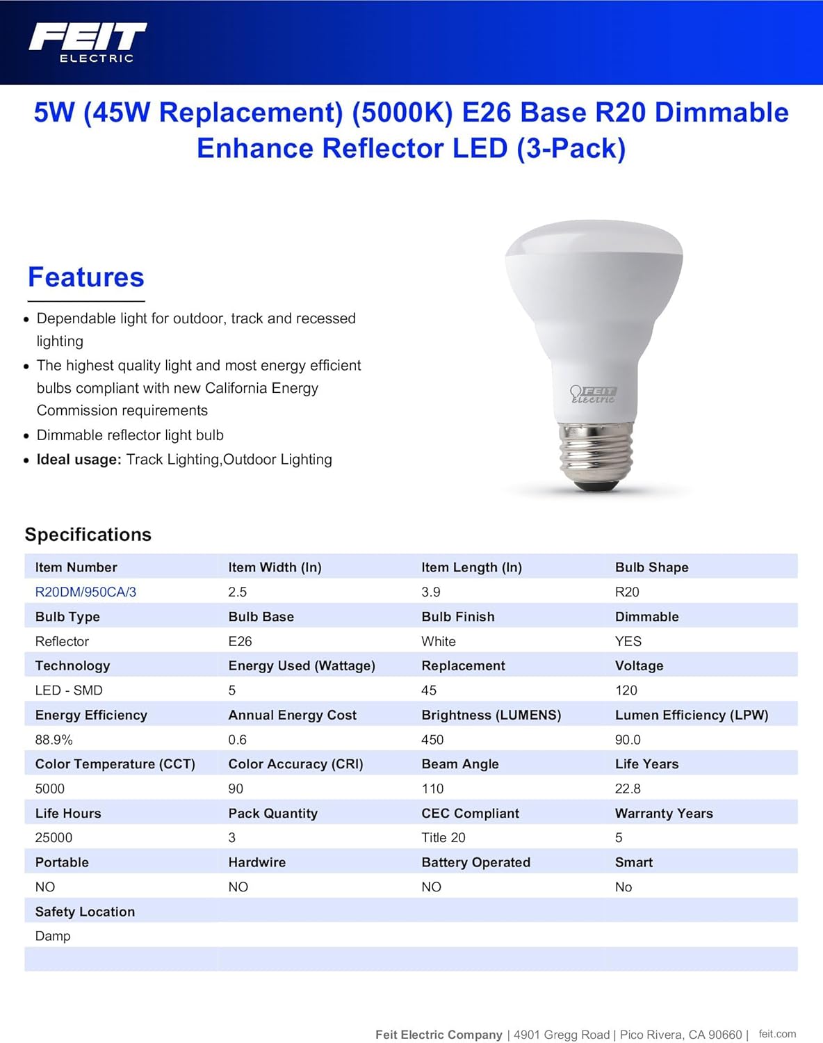 Feit Electric R20 LED Bulb 45W Equivalent 3 Pack